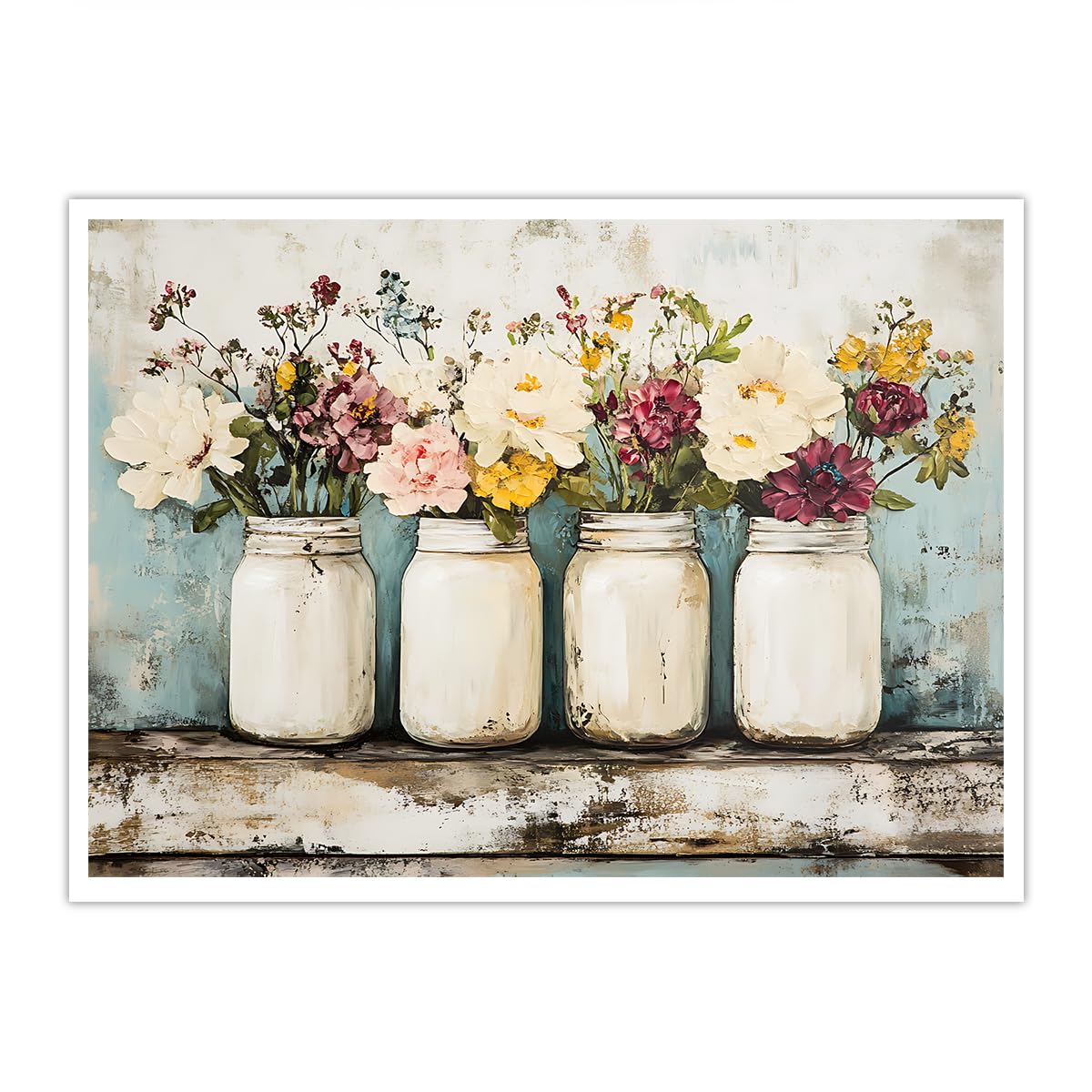SHENGPOSTER Rustic Farmhouse Canvas Art Cottage Blossom Wall Art Print, Shabby Chic Rose Pastel Flower Pots Unframed Poster Only, No Frame Bedroom Decor 30x40cm