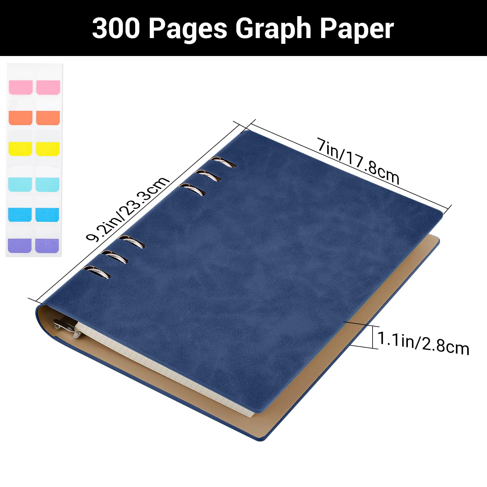 Yarotm A5 Refillable Notebook - a5 6 Ring Binder Notebook with 100GSM Square 5mm Loose Leaf Paper 150 Sheets - 21x14cm Dark Blue PU Leather Cover Reusable Notepad Grid - Refill Diary Journal - Image 2