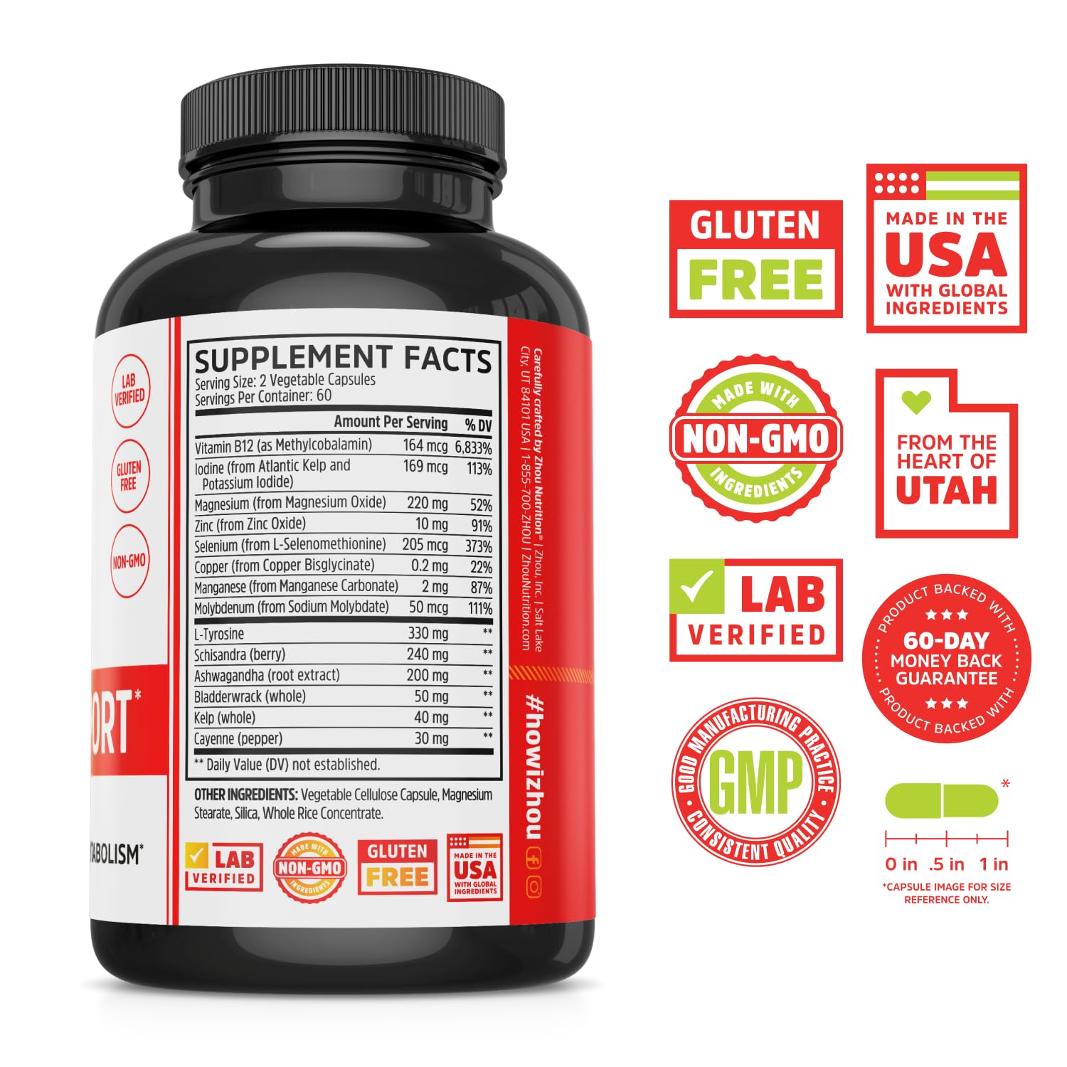 ZHOU Thyroid Support - Thyroid Supplement for Women & Men with Zinc, Iodine, & Selenium, Cellular Energy Thyroid Complex with Ashwagandha, Kelp - 120 Veggie Capsules (Pack of 1) — Amazon image 2