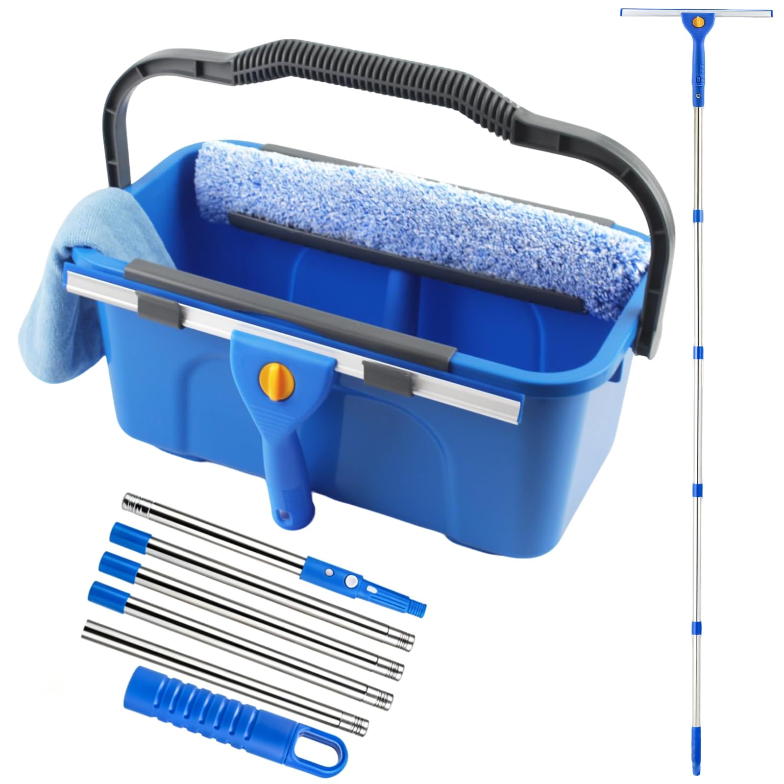Window Cleaning Equipment, Window Cleaning Kit with 12L Wash Bucket, 14" Window Squeegee, 15" Scrubber, Cleaning Cloth & 76" Long Handle, Window Cleaner Tool for Home Outdoor Office Commercial