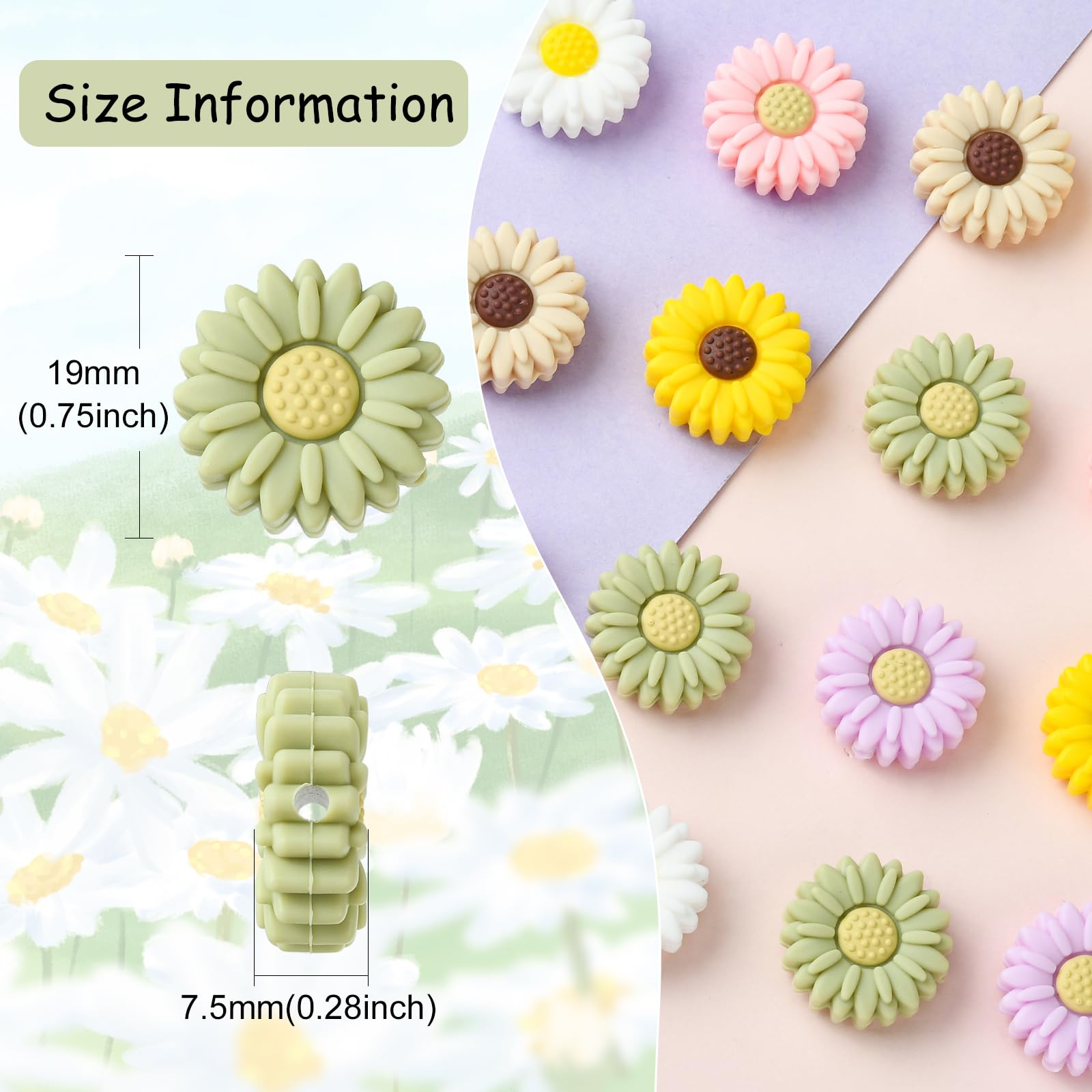 Lot De 18 Perles Focales En Silicone Motif Marguerite Et Tournesol