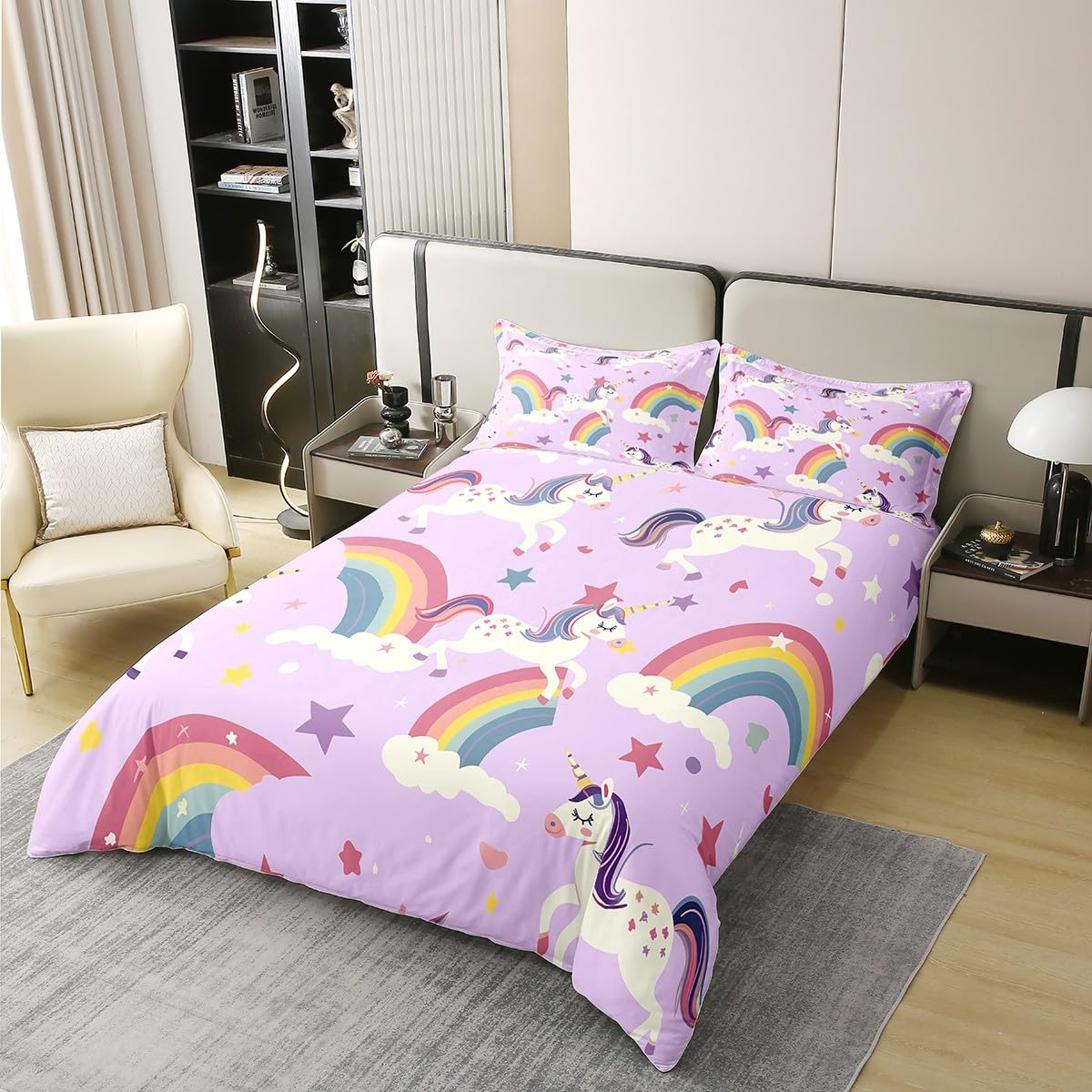 Manfei 3 Pieces Unicorn Rainbow Duvet Cover 100% Nature Cotton Queen,Cartoon Rainbow Stars Watercolor Graffiti Comforter Cover,Cute Unicorn Pattern Purple Print Super Soft Bedding (Not Comforter)