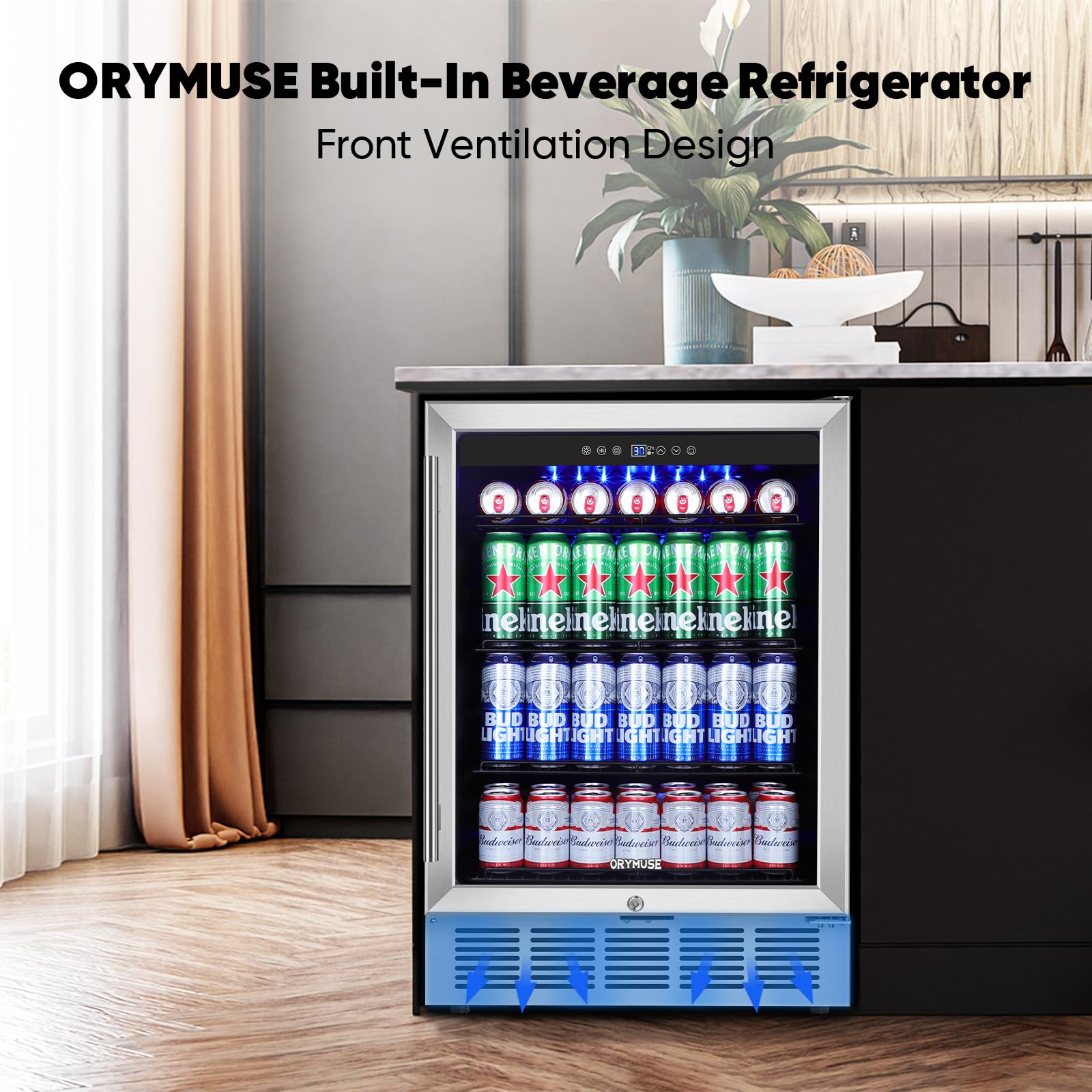 Orymuse 24" Beverage Refrigerator, 180 Can Under Counter Drink Cooler With Glass Door & Lock, Built-In Or Freestanding Mini Fridge With Quiet Compressor Cooling For Beer, Soda & Wine on Fridge.com - View 3