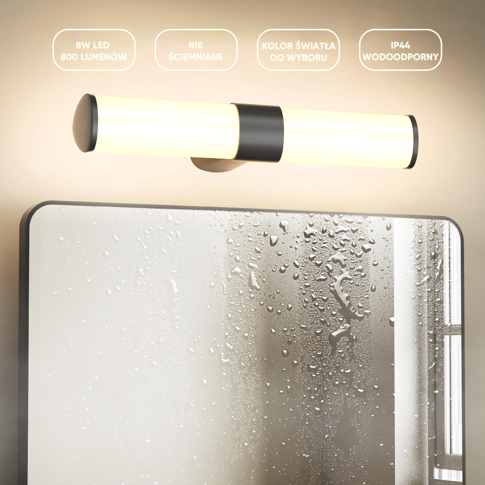 Lampa Łazienkowa Scienna LED nad Lustro lub Szafkę Łazienkową Matowa Czarna, Wodoodporny IP44, Szerokość 40CM, Nie Można Ściemniać, 3 Tryby Kolorów Oświetlenia