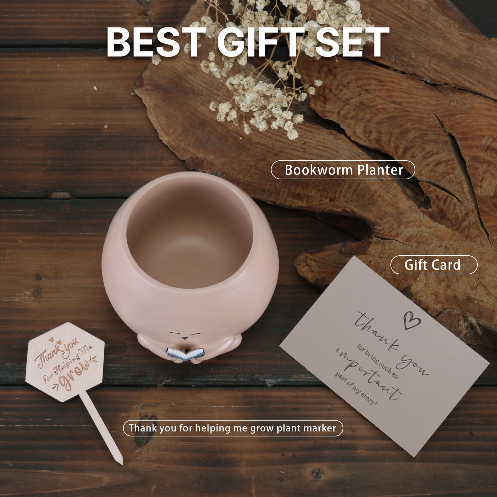 Maceta de gusano de biblioteca para regalo para amantes de los libros y las plantas con tarjeta de agradecimiento, regalo de apoyo emocional, regalo de agradecimiento para el día del padre