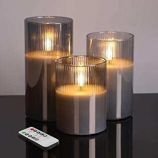 Eywamage Smoke Grey Glass Flameless Candles with Remote, Ribbed LED Pillar Candles Flickering Real Wax, Set of 3