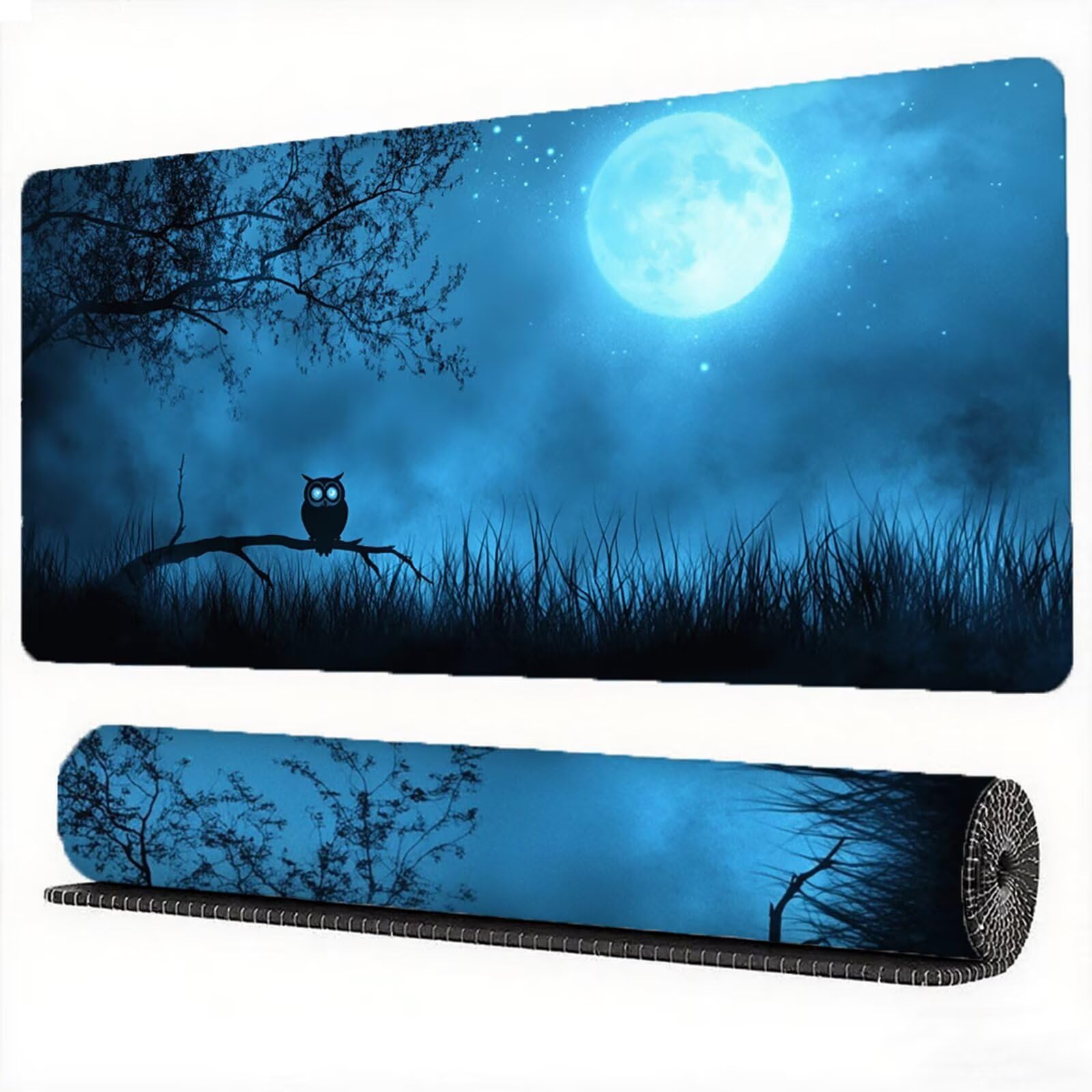 Podkładka pod mysz 1200 x 600 x 3 mm Księżyc Podkładka pod mysz XXL Sowa, antypoślizgowa gumowa podstawa Szwy na krawędziach Podkładka pod mysz Ulepszona precyzja i szybkość, do komputera Gamer