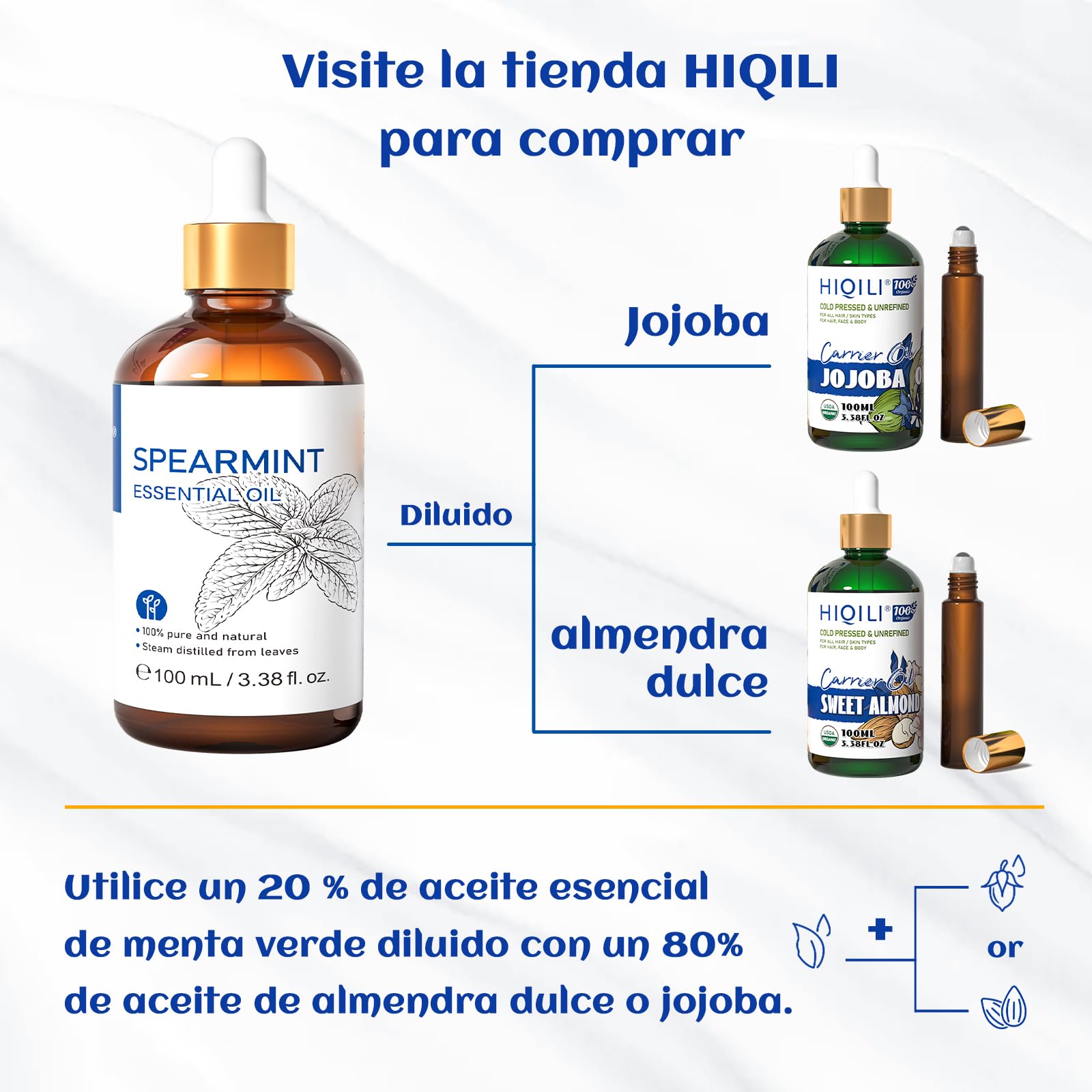 HIQILI 100ml Olio di Menta per la Cura Della Pelle, per il Viso, Può Essere Aggiunto a Lozioni, Creme -100% Puro Grado di Trattamento Naturale