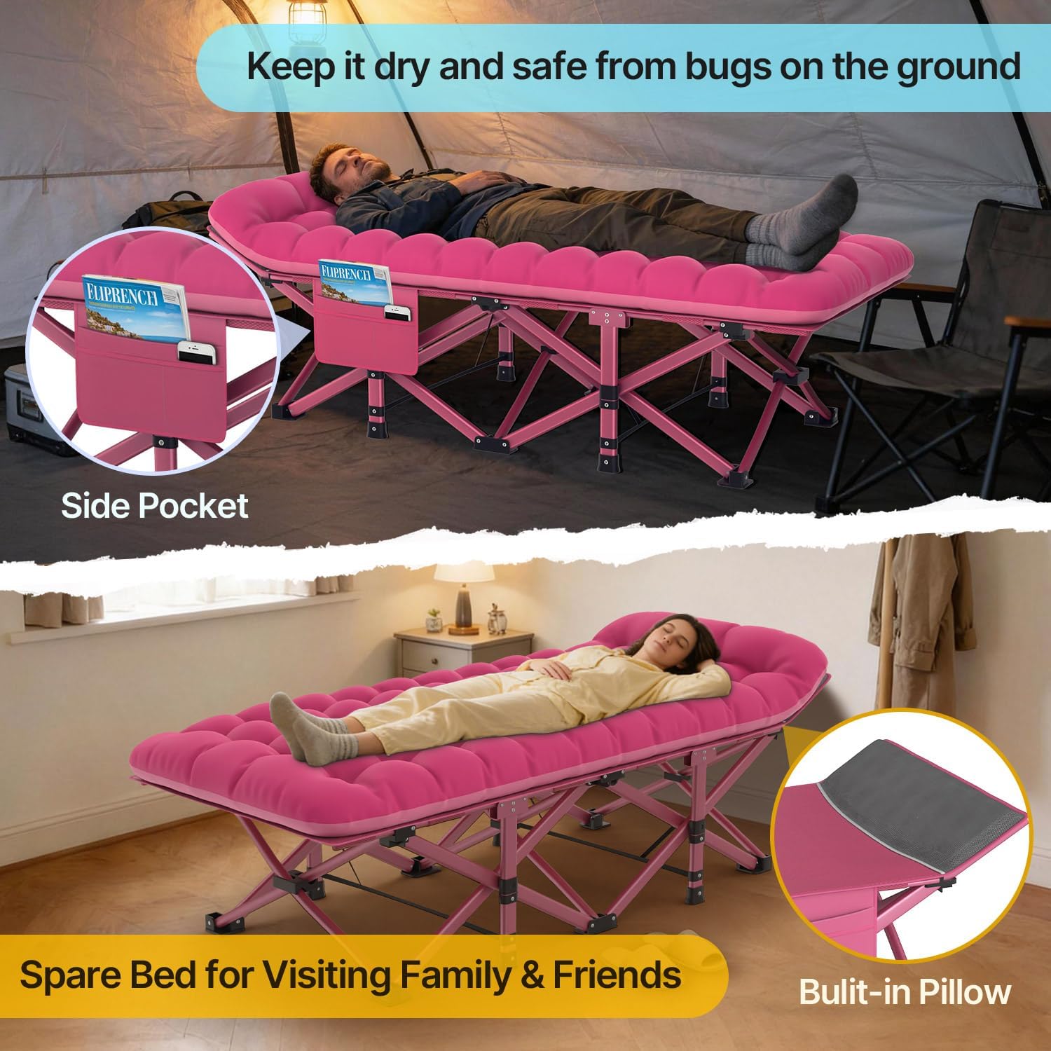 Slendor XXL Folding Camping Cot for Adults with Mattress Pillow Carry Bag, 32 inch Extra Wide Portable Sleeping Cot, 900LBS Support Outdoor Cot Bed for Office Nap Beach Travel RV
