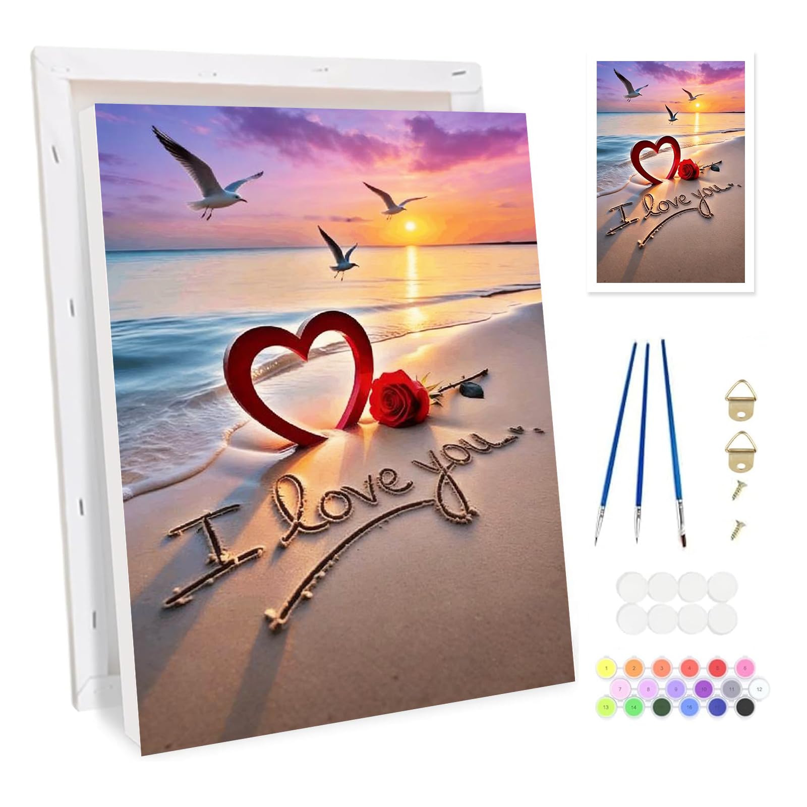 Bowetile Valentinstag Blume Malen nach Zahlen für Erwachsene mit Rahmen, Strand Zahlenmalerei Set für Anfänger Leinwand Kit, DIY Gemälde Bastelset auf Leinwand mit Pinseln Home Decor 20x30cm