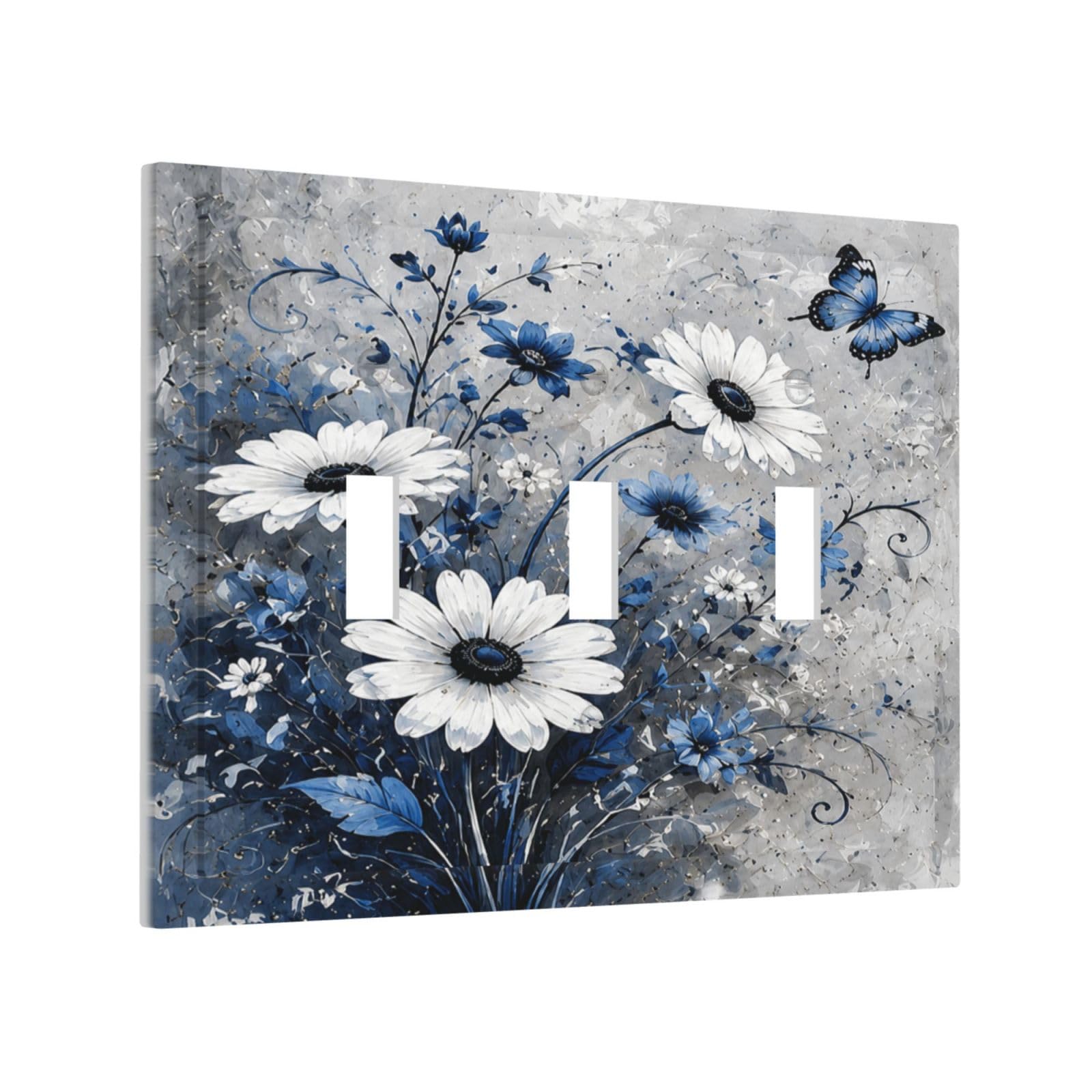 Yamxbfa Decorative Light Switch Cover Plate Vintage Blue White Daisy Floral Blue Butterfly 3 Gang Wall Plates Triple Toggle Electrical Switch Plate Covers Outlet Covers Faceplate for Home Decor