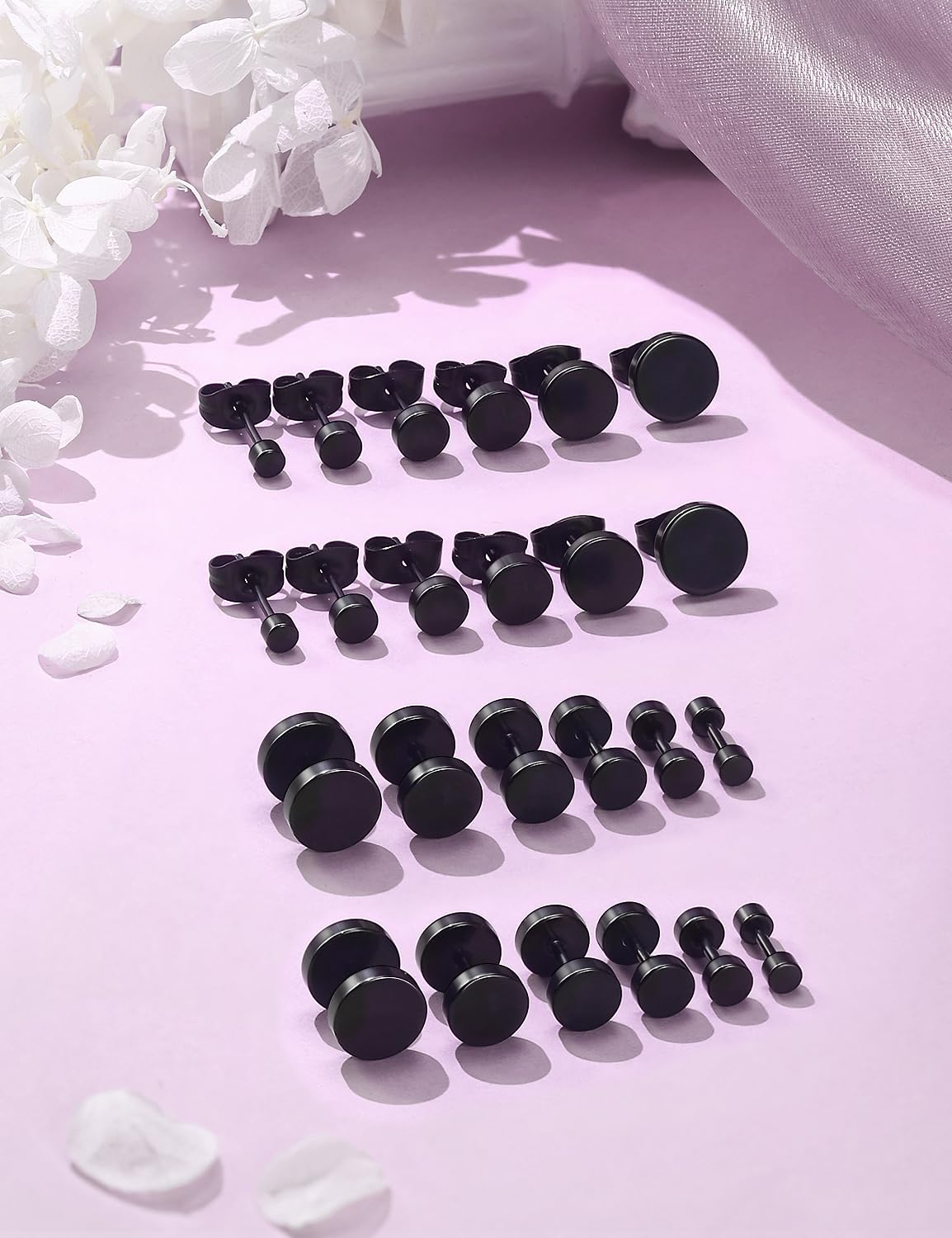 Juego de 12 pares de aretes tipo dormilona de acero quirúrgico de 0.71 oz y 0.75 onzas para mujeres y hombres, aretes tipo dormilona con barra de hélix, tragus, piercing de joyería, tamaños de 4