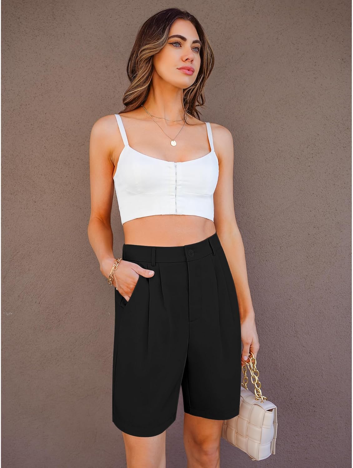 luvamia Bermuda Shorts for Women Dressy Casual High Waisted Summer Work Elastic Waist Pleated Dress Shorts with Pockets - Image 7