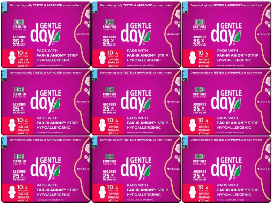 Patented Gentle Day® Far-IR Anion ECO Certified Pads, Vegan & Non-Toxic Liners, Pads for Women with Far-IR Anion Strip, Soft & Breathable (Regular Flow)