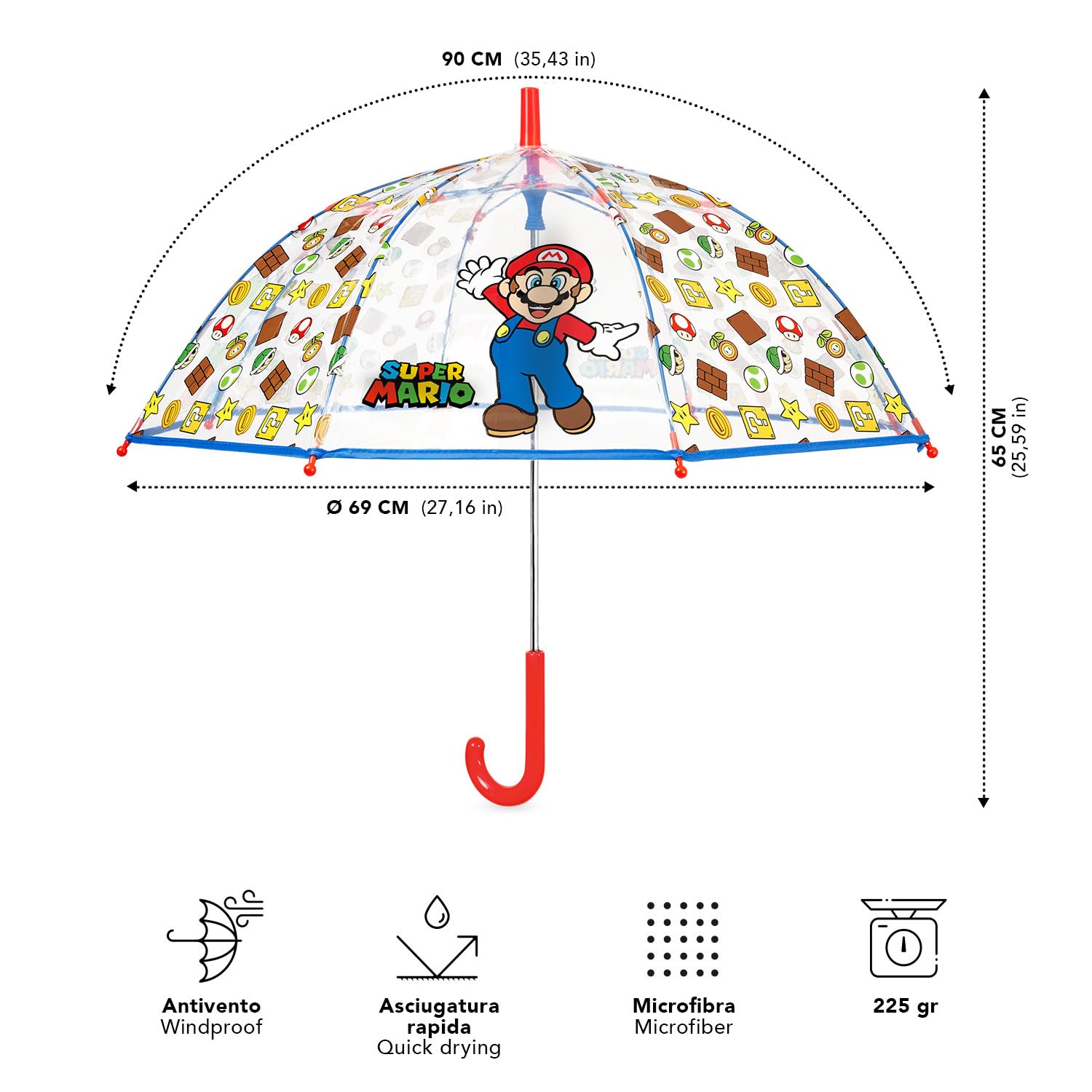 PERLETTI Ombrello Trasparente Super Mario Bambino 3 4 5 6 Anni - Ombrellino Bimbo Scuola Materna Apertura Manuale di Sicurezza - Ombrello Antivento Lungo Ultra Leggero Bambini - Diametro 69 cm