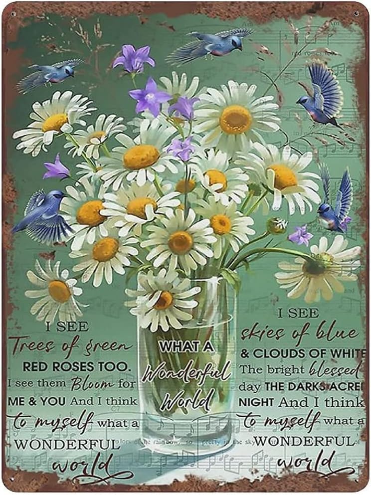 Placa de póster retro retro de pared con diseño de pájaro azul y margarita para el hogar, cocina, bar, cafetería, pintura navideña, letrero de lata