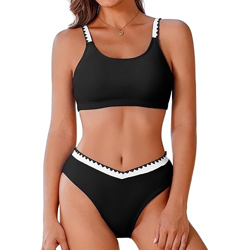 AI'MAGE Women's High Cut Bikini Set 2 Piece Sporty Bathing Suit V-Shape Swimsuit Bottoms with Trim