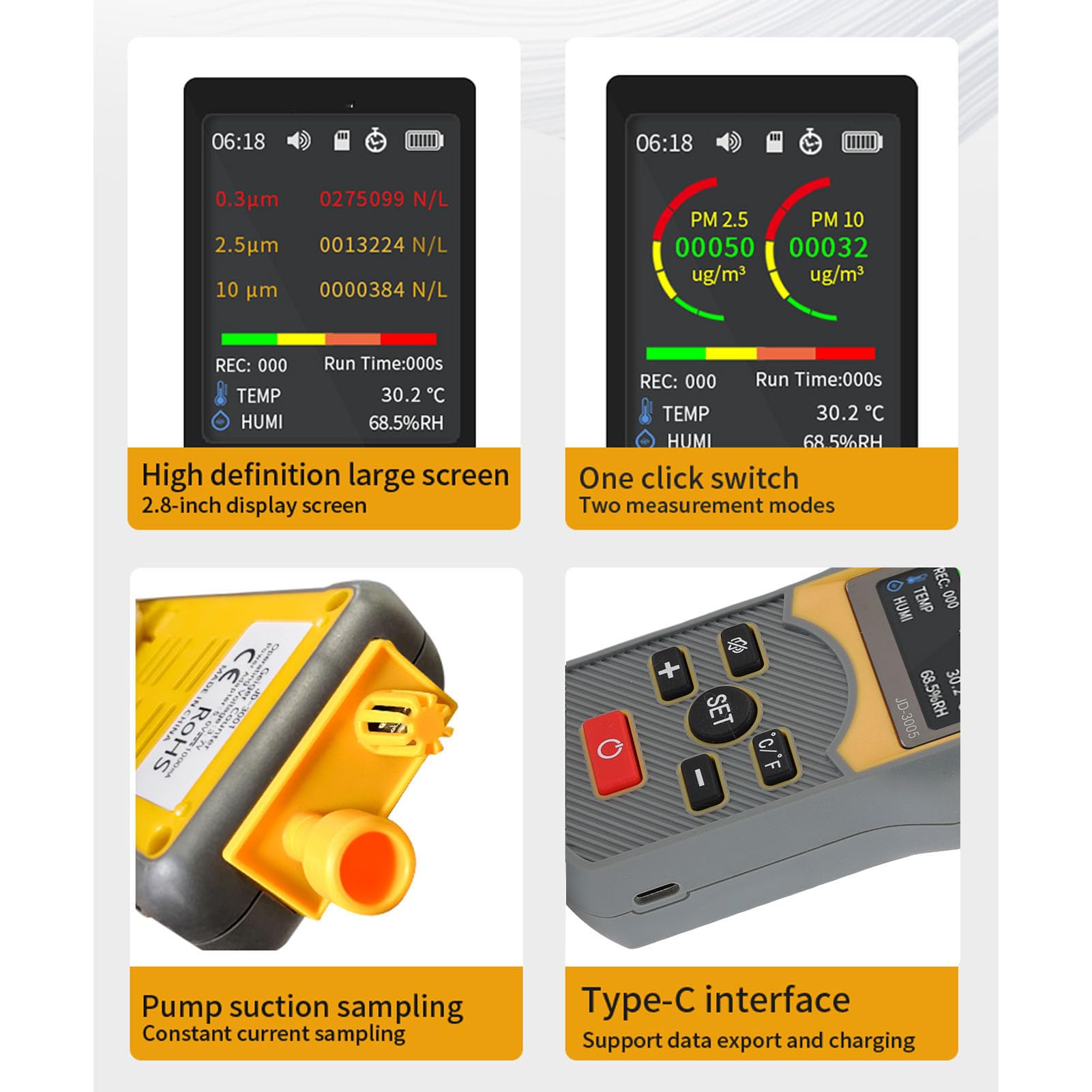 Eujgoov PM2.5 PM10 Monitor de Calidad del Aire, Contador de Partículas 5 Canales 0.3/2.5/10 μm con LCD de 2, 8 "para la Detección de Polvo Al Aire Libre en Interiores