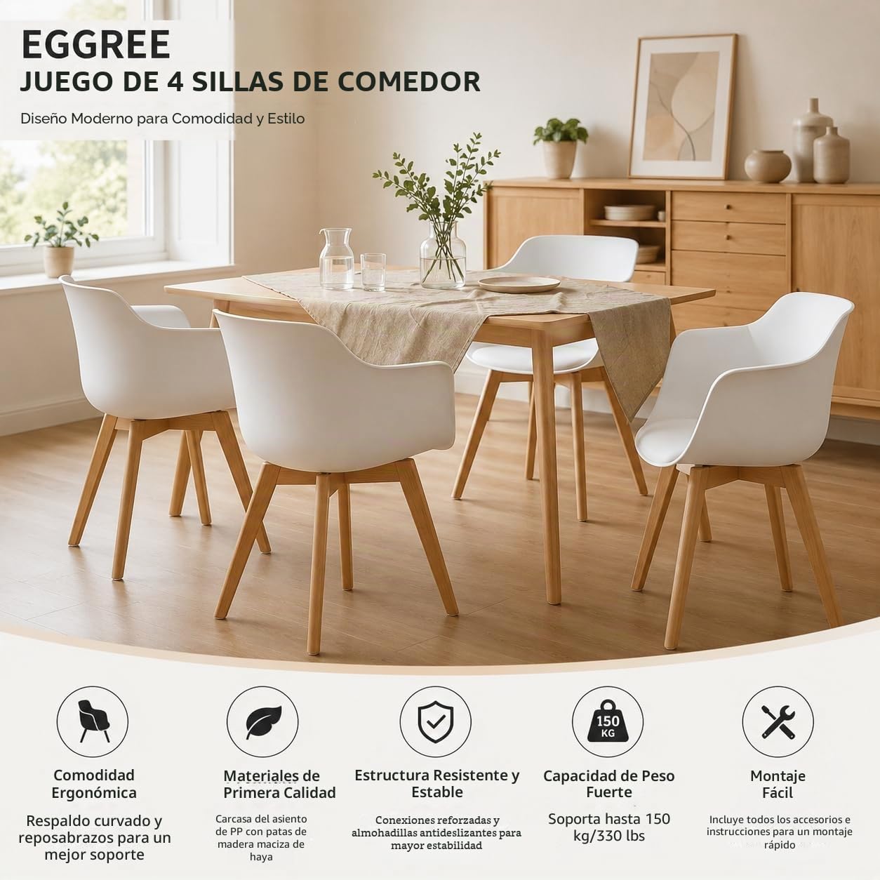 EGGREE Pack de 4 Sillas de Cocina Nordic Moderno Sillón Comedor Escandinava con Las Piernas de Madera de Haya Blanco