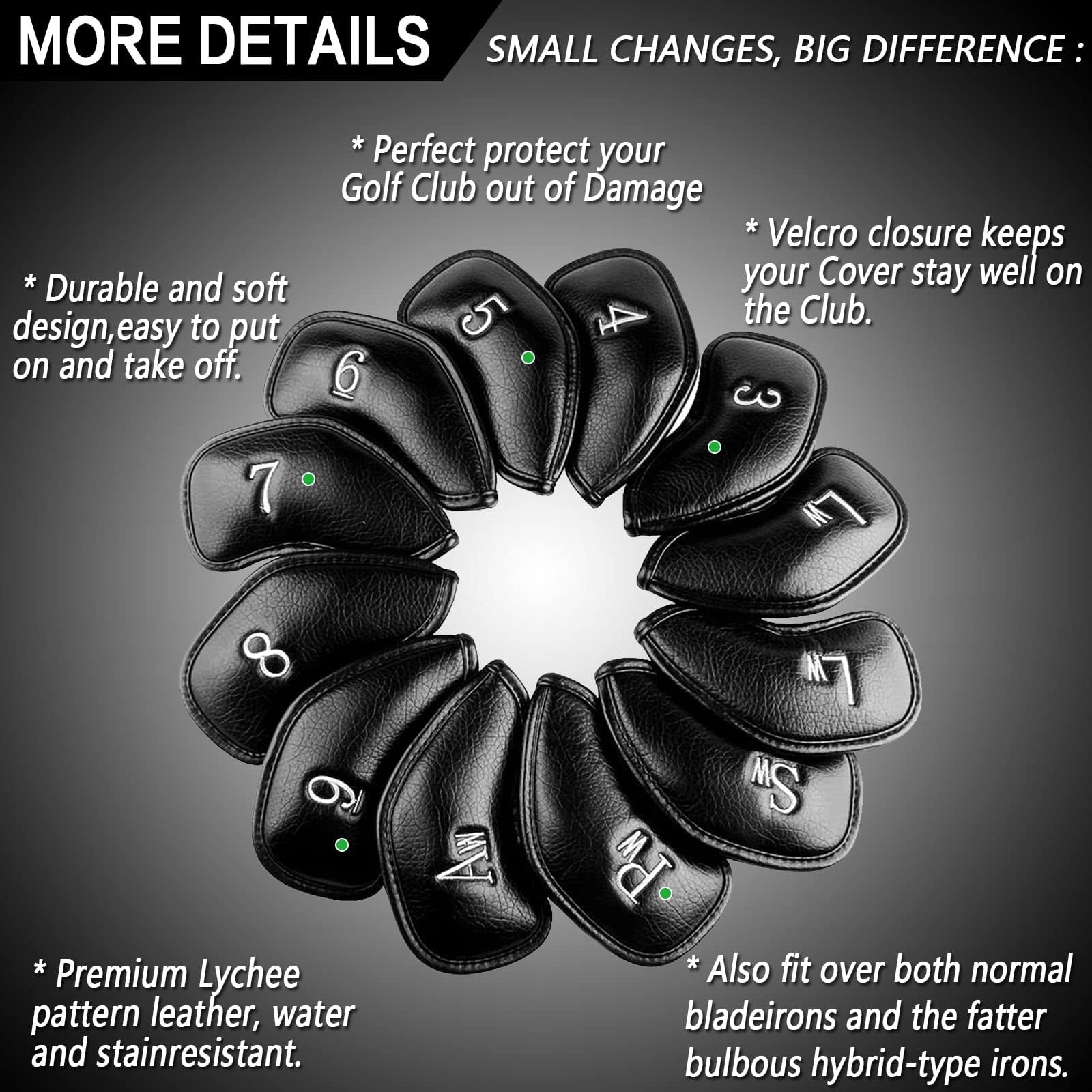 FINGER TEN Golf Headcover żelazne osłony na głowie ze sztucznej skóry, Iron Head Covers Value Set of 12 czerwonych, niebieskich czarnych dla mężczyzn i kobiet (czarne)