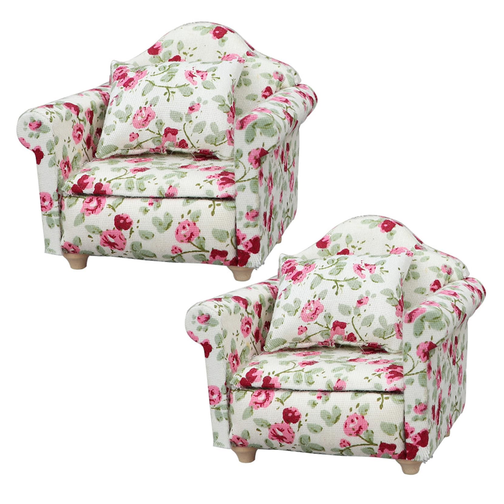 Peosaard 2Pcs Dollhouse Couch 1/12 Scale Floral Single Dollhouse Sofa Wood Miniature Chair Vintage Doll House Accessories for House Room Scene Style 3, 1 12 Scale Accessories
