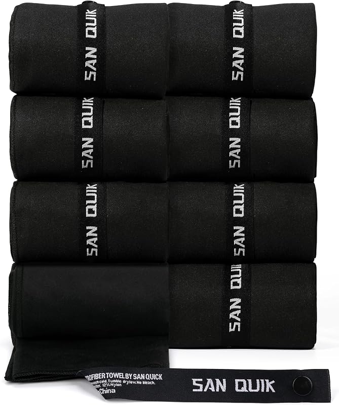 Microfiber Workout Towels - Quick Dry Silver ION Odor-Free, Highly Absorbing, Gym Towels for Men & Women - Sports Sweat Towel for Gym, Yoga, Working Out, Camping, Travel, Set of 8 Black–16x31.5Inch