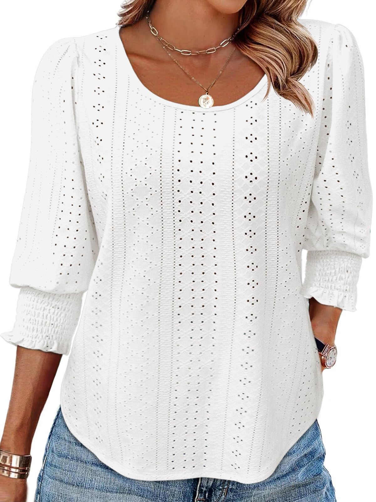 Tankaneo Womens 3/4 Length Sleeve Blouses Summer Casual Eyelet Tops Crewneck Dressy Shirts with Smocked Cuffs 2025