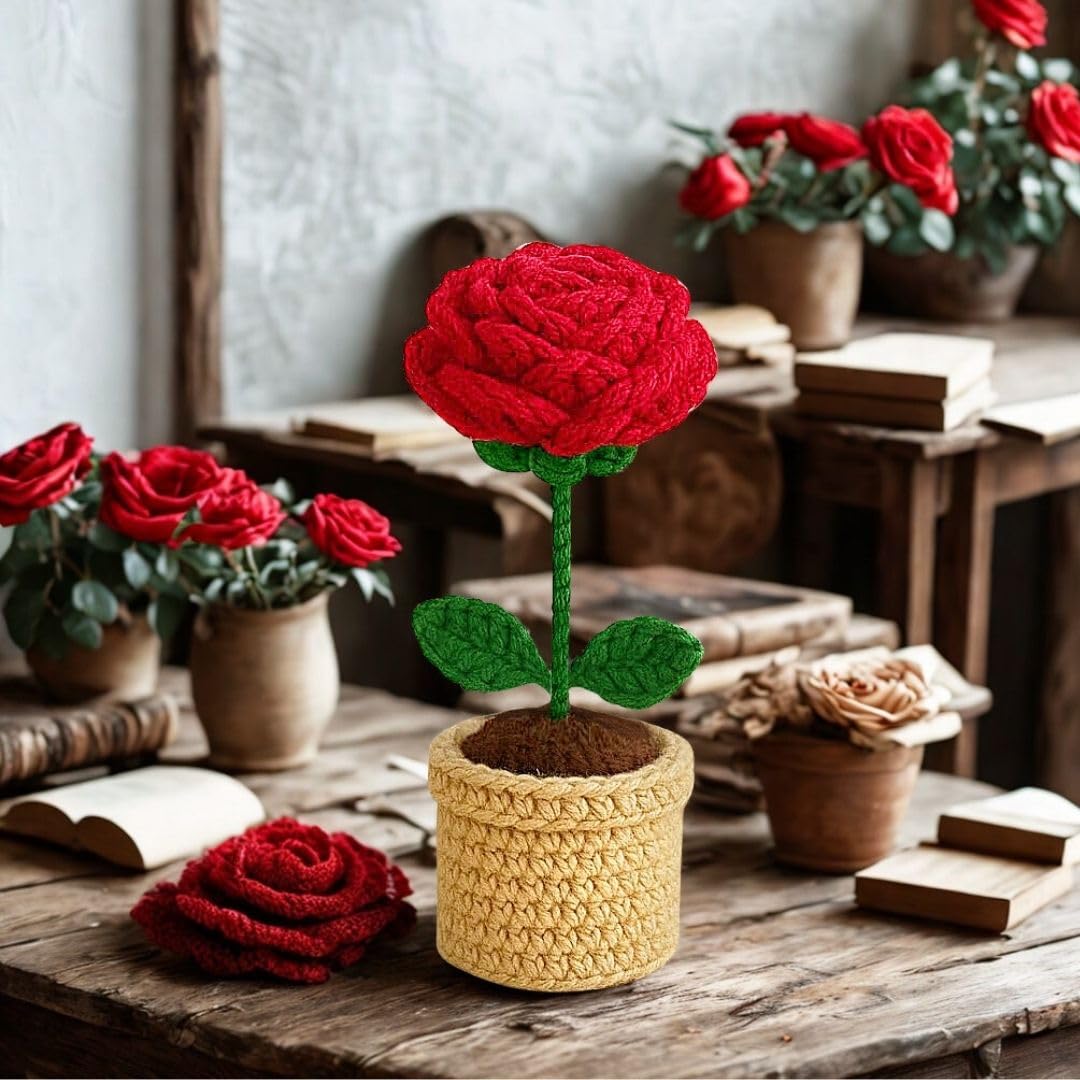 Buy VCR Handmade Crochet Red Rose Pot - Pack of 1 - Hand Woven