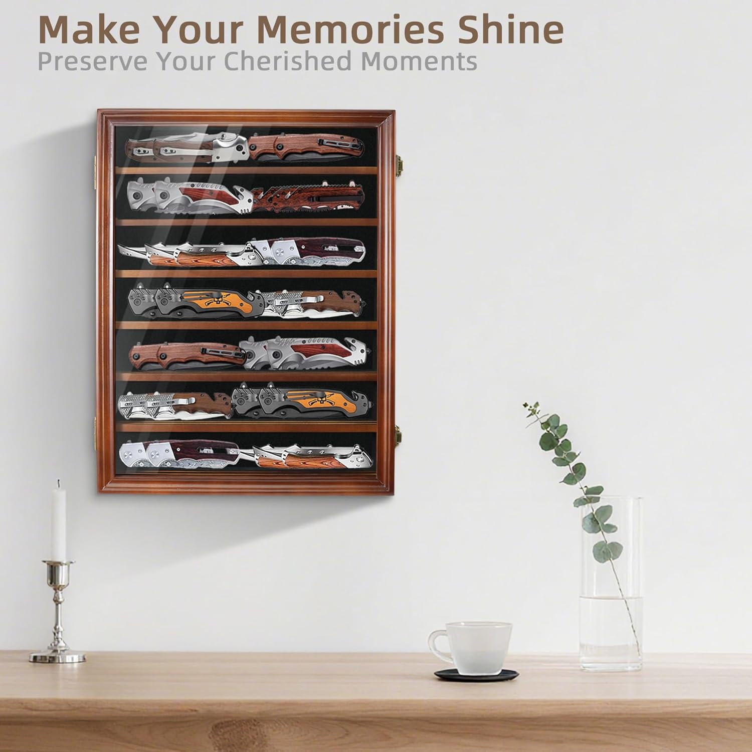 Pocket Knife Display Case 7 Rows Lockable Wooden Knife Shadow Box with HD Tempered Glass, Military Folding Knife Cabinet Stand for Wall with Removable Shelves, Walnut