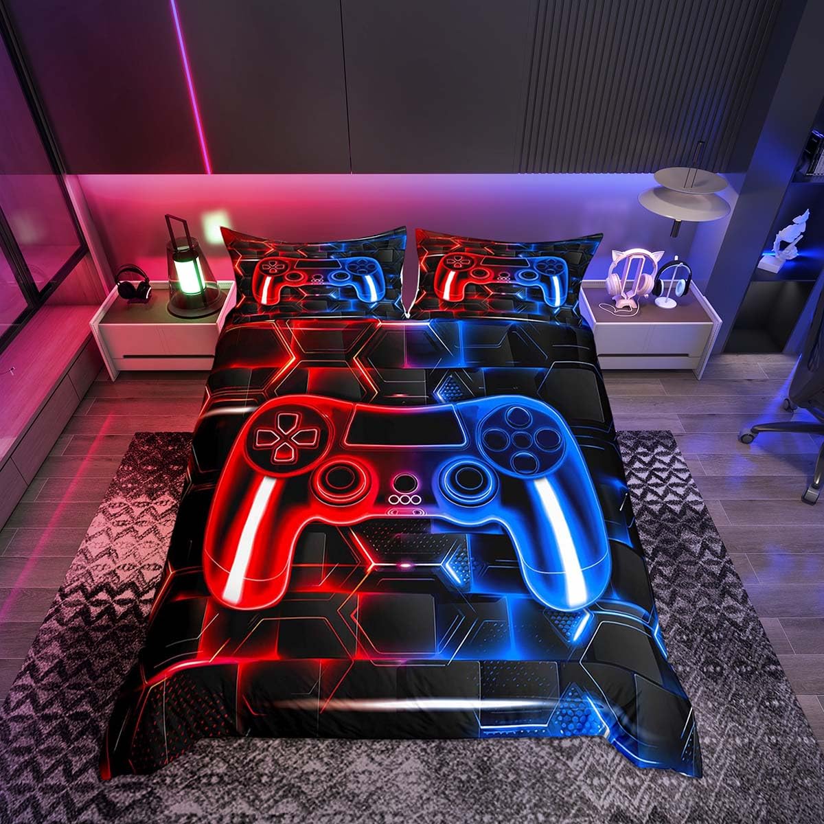 Housse de couette lit simple motif géométrique et manette de jeu rouge bleu avec taie