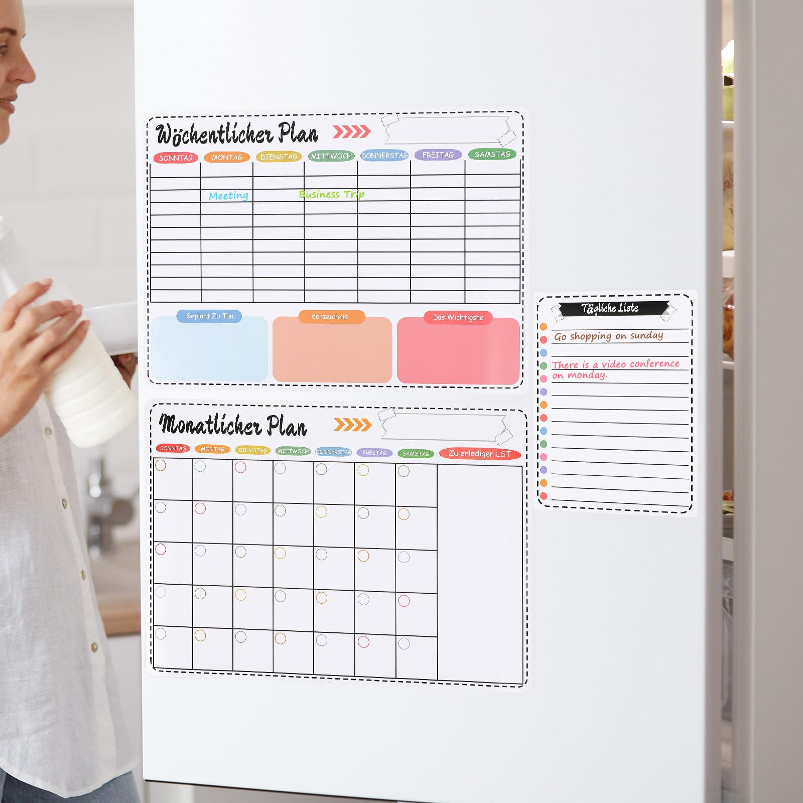 Magnetischer Wochenplaner für Kühlschrank, Weiß, Abwischbar | Wochen und Monatsplanung, für Küche und Büro, Wiederverwendbar, aus Kunstharz, Schlichtes Design