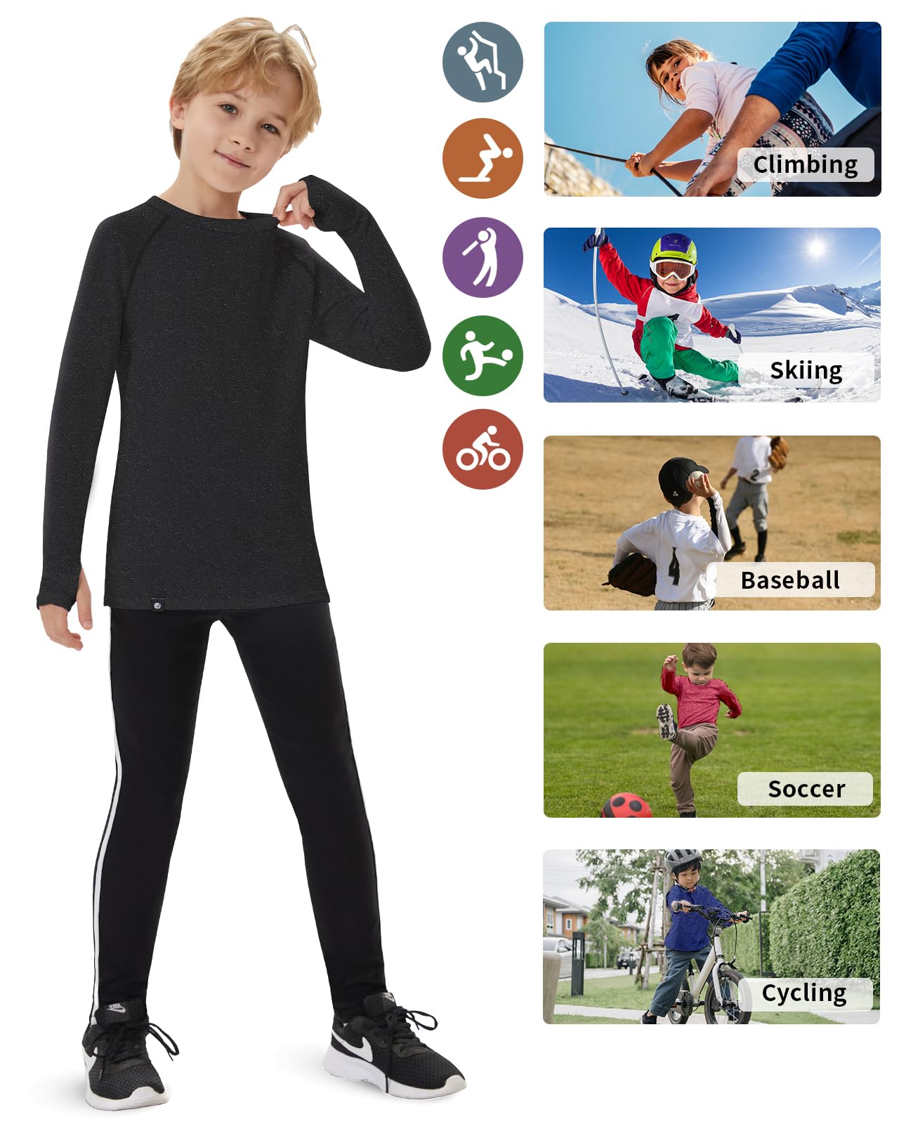 Soneven sous-vêtements Thermiques pour Enfants, Unisexe, Chaud en Polaire, t-Shirt de Sport pour Filles, t-Shirt à Manches Longues pour Enfants avec Trou pour Le Pouce pour l'hiver
