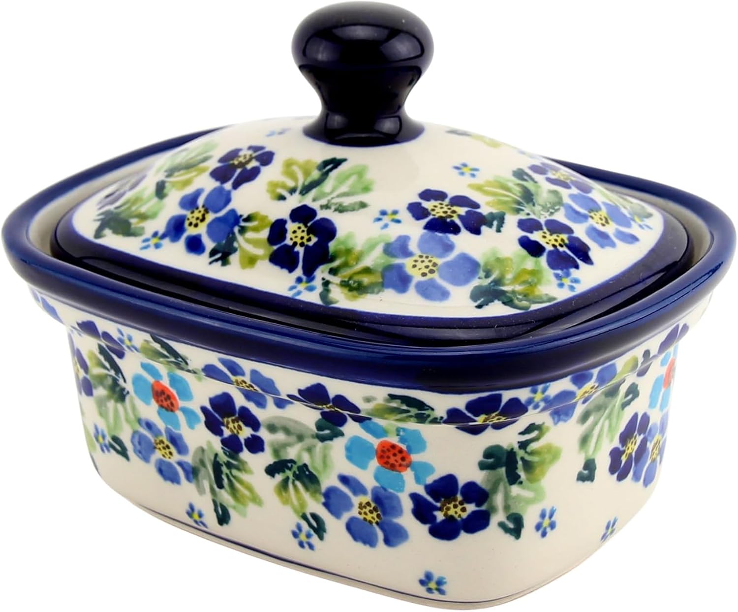 Polish Pottery Market Butter Dish with Lid, 5.75" L x 4" W x 4" H, Capacity: 14 Oz., Butter Container Keeper Storage, Handmade by Zaklady Boleslawiec Poland, Ceramic Butter Dish with Knob Handle