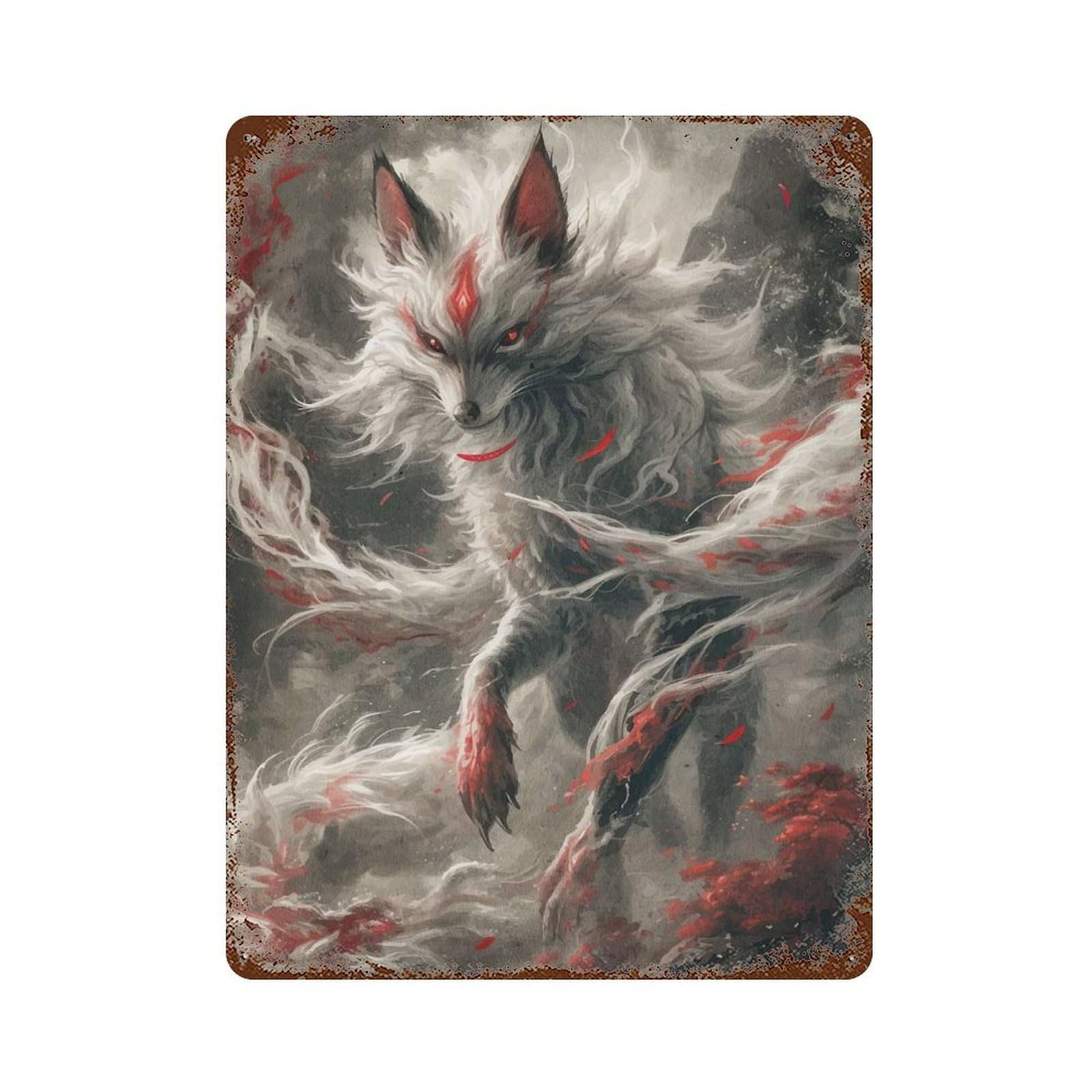 Weathered Tin Sign with Kitsune Japanese Fox Design 15.7"x11.8", for Office, Studio And Wall Decor, Retro Wall Decor