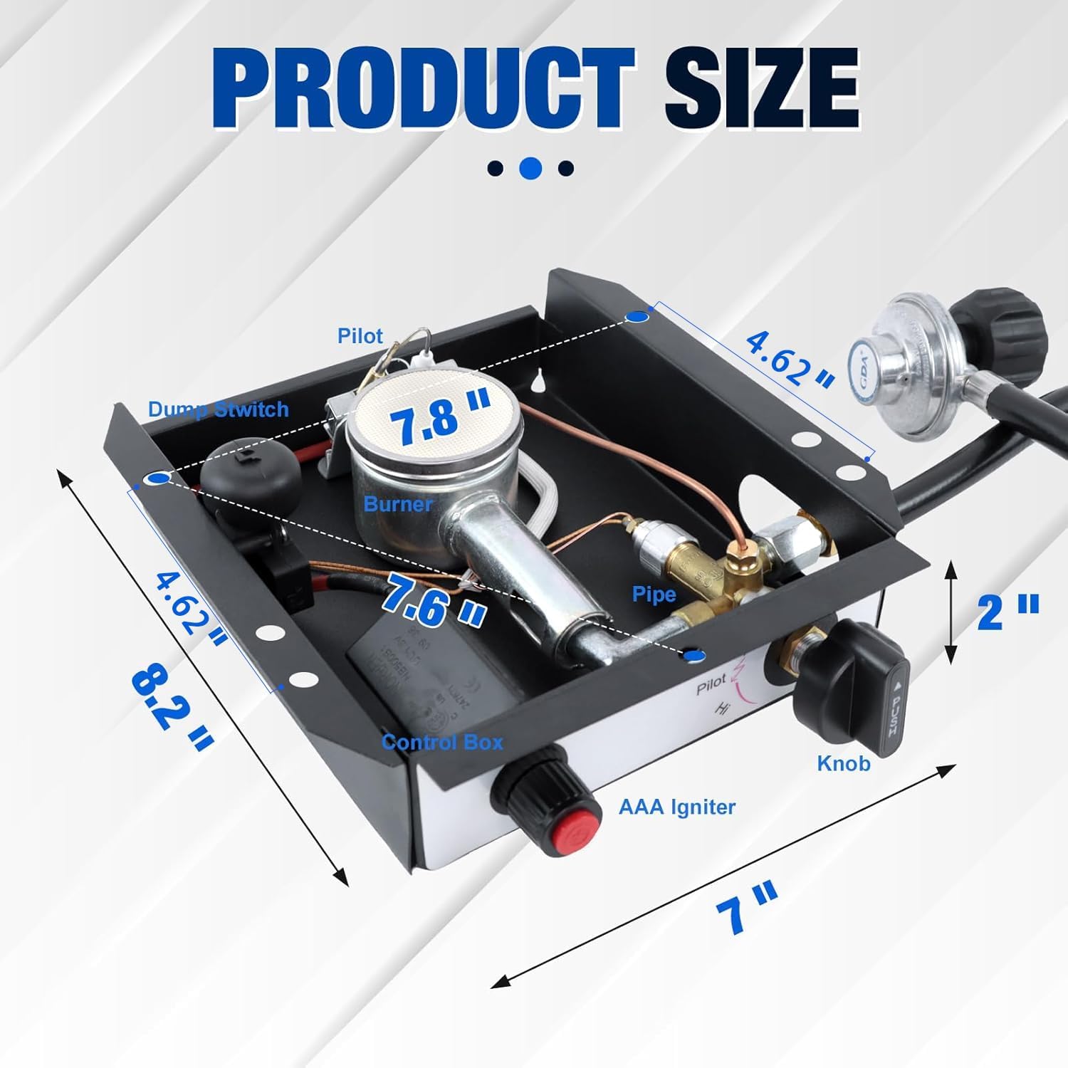 7 Bolt patio heater glass tube burner module replacement part 47000 BTU (including hose and regulating valve assembly kit）, suitable for square glass tube patio heaters, compatible with 3/4/7bolt