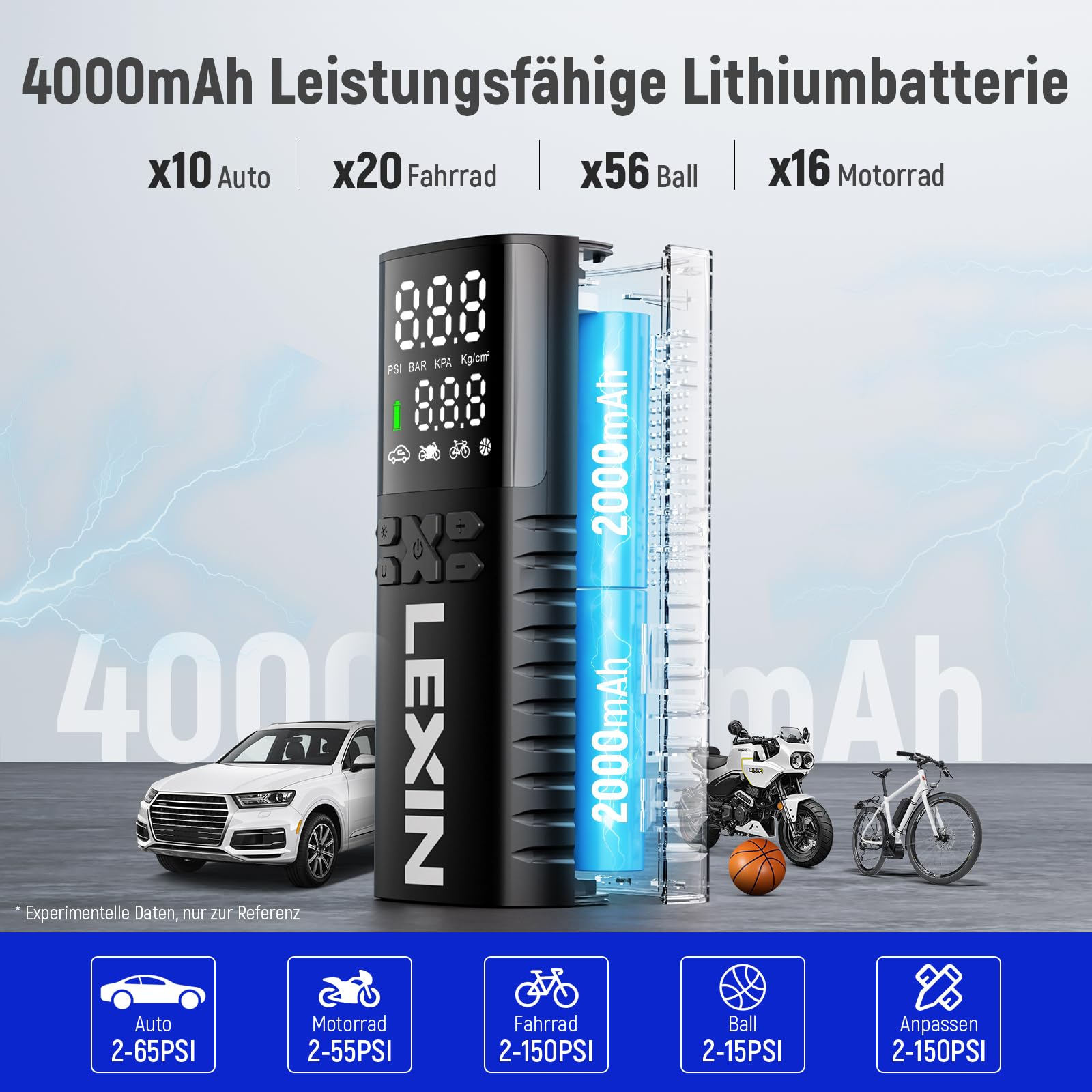 LEXIN Elektrische Luftpumpe, Akku Kompressor, Tragbare Luftpumpe Fahrrad 150 PSI (10,3 Bar), Luftkompressor für Fahrrad Auto Motorrad Bälle, Mini Reifenpumpe mit LED-Anzeige, Notbeleuchtung