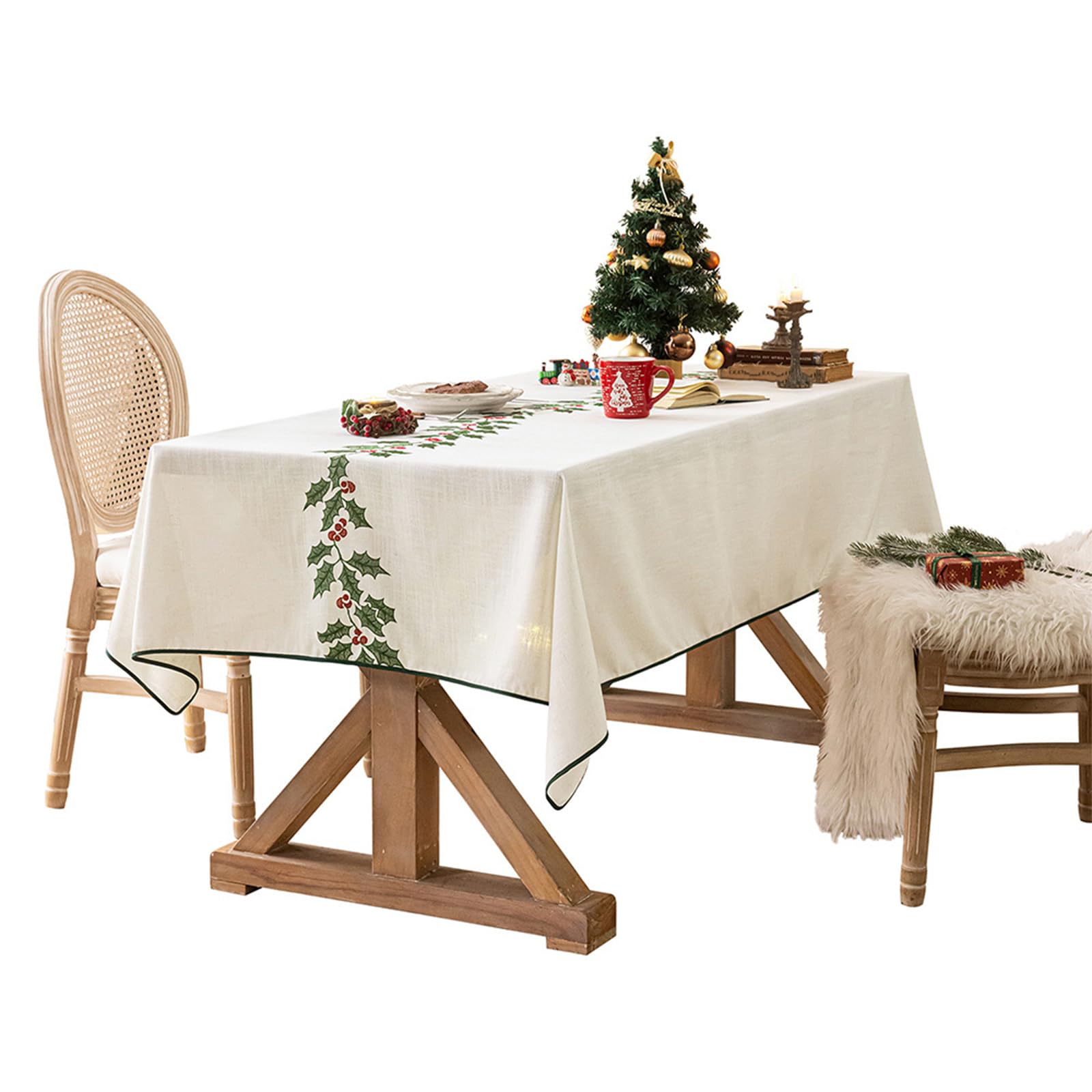 Buxuaaaa Christmas Themed Embroidered Tablecloth Polyester Linen Materials Christmas Tablecloth