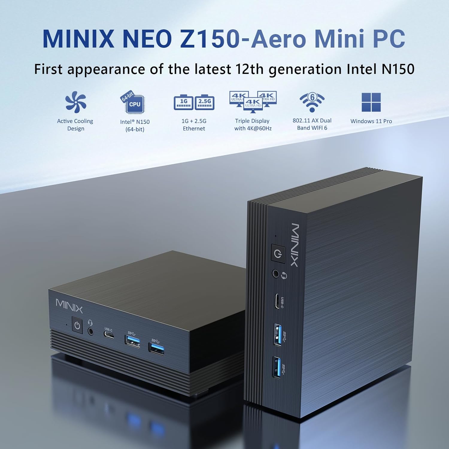 MINIX Z150-Aero Mini PC, Intel N150 (Upgraded N100), 16GB DDR4, 512GB PCIe 3.0 NVMe SSD Micro Mini Computer, 4K Triple Display/1GB+2.5G Dual LAN/USB-C/WiFi 5/BT5.1/Vesa Mount/Auto Power On