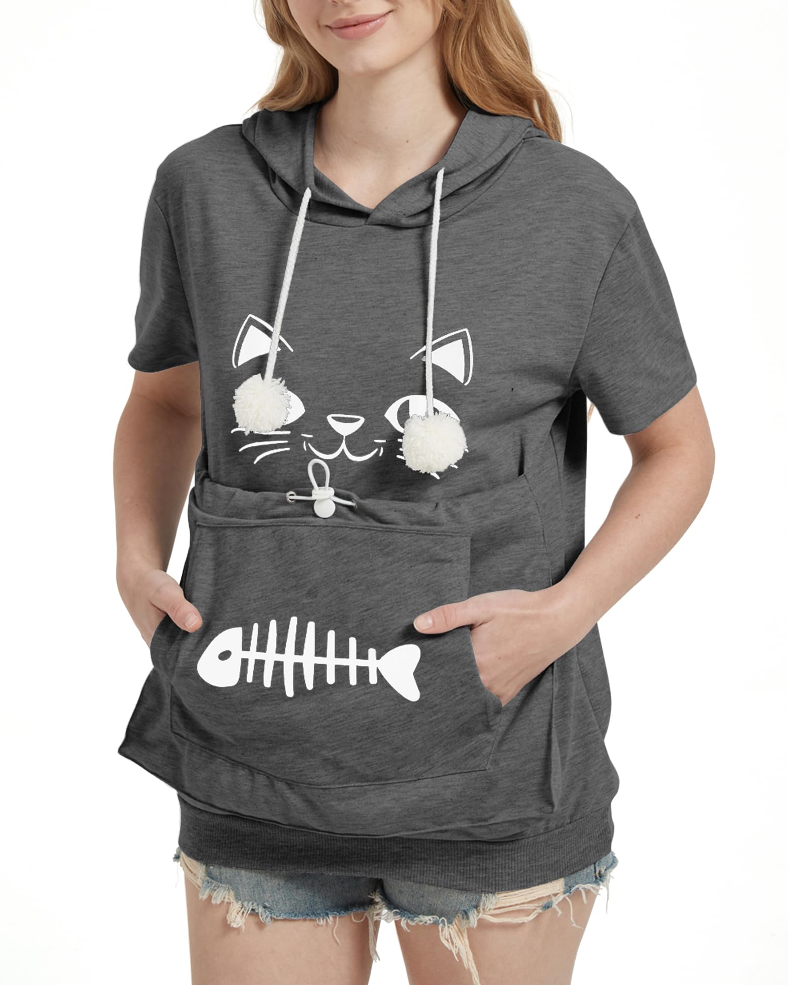 Sweat à Capuche à Manches Courtes pour Femme Chemisier avec Grande Poche Confortable Pull Chat Sweatshirt Hoodie Printemps Automne Été Pullover Blouse