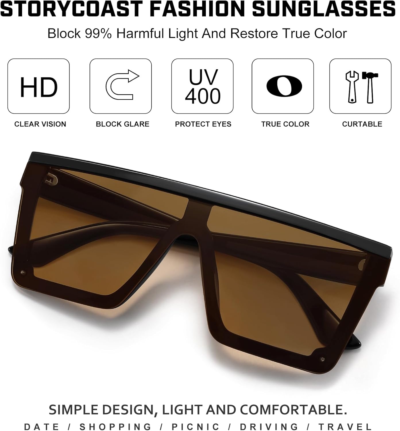 STORYCOAST Square Sunglasses for Women Men Fashion Big Frame Flat Top Sun Glasses Mirror Lens - Image 3