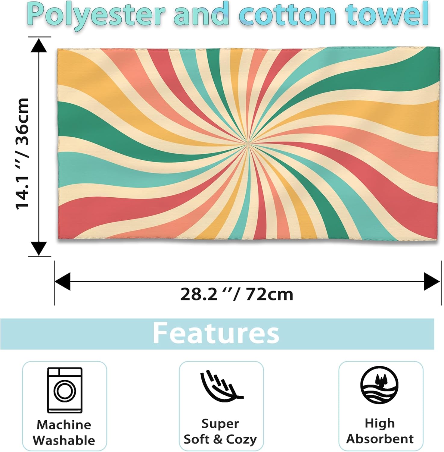 Boho Sunshine Hand Towels Set of 2,Groovy Retro Swirl Soft Fingertip Bath Towel Small Face Washcloths Decor Kitchen Towel for Hotel Spa Gym Sport 28x14in - Image 2