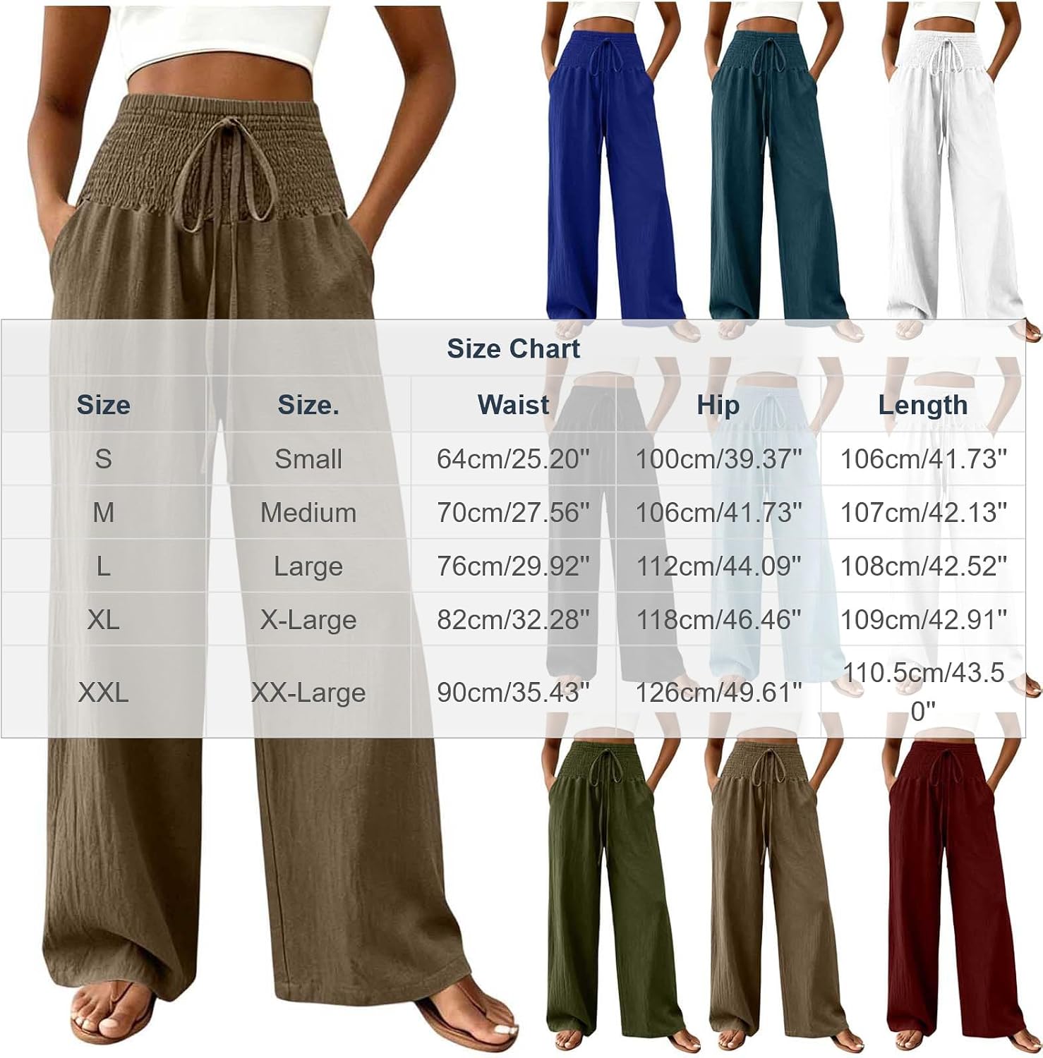 Womens Summer Casual Pant High Waisted Wide Leg Flowy Pants with Pockets Comfy Boho Beach Trousers for Travel