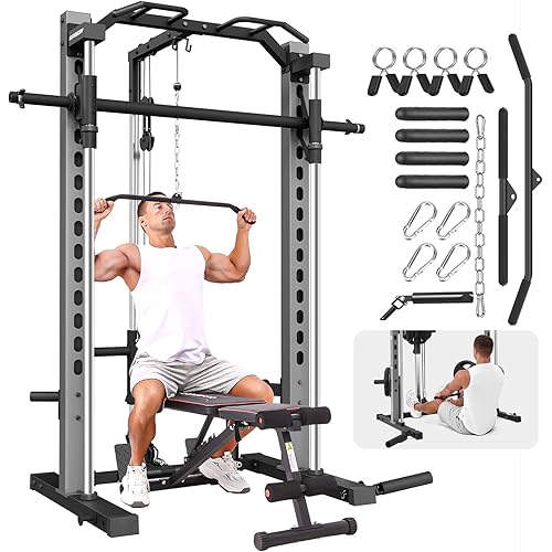 OPPSDECOR All-in-One Adjustable Smith Machine with LAT-Pull Down System Multi-Function Power Cage for Home Gym Cable Crossover Squat Rack of Workout Machine Training Equipment with Attachments