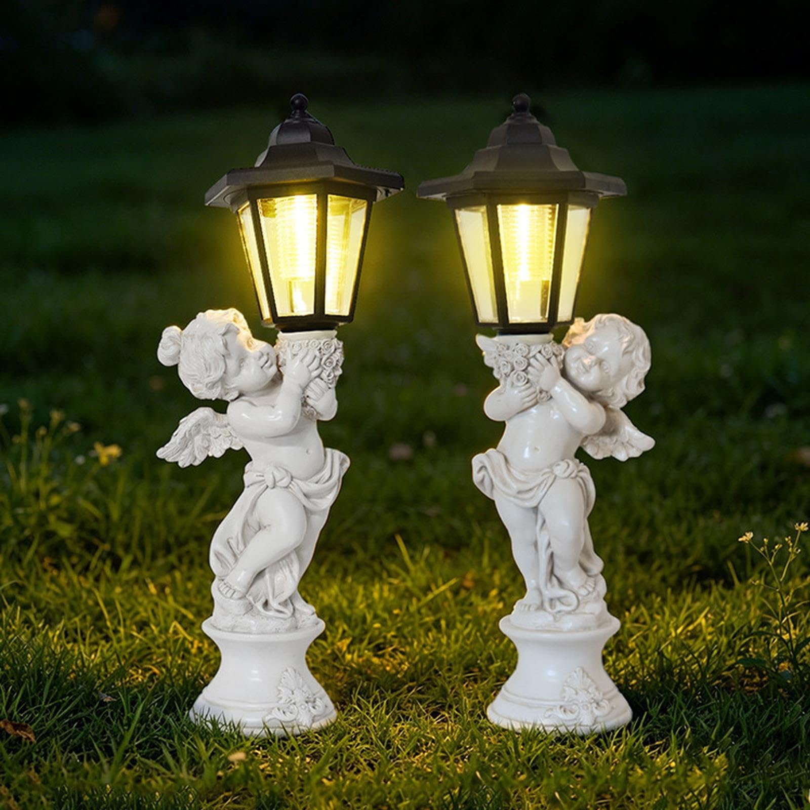 Statue da Giardino a Forma di Angelo, 2 Angelo Custode con Lanterna Solare