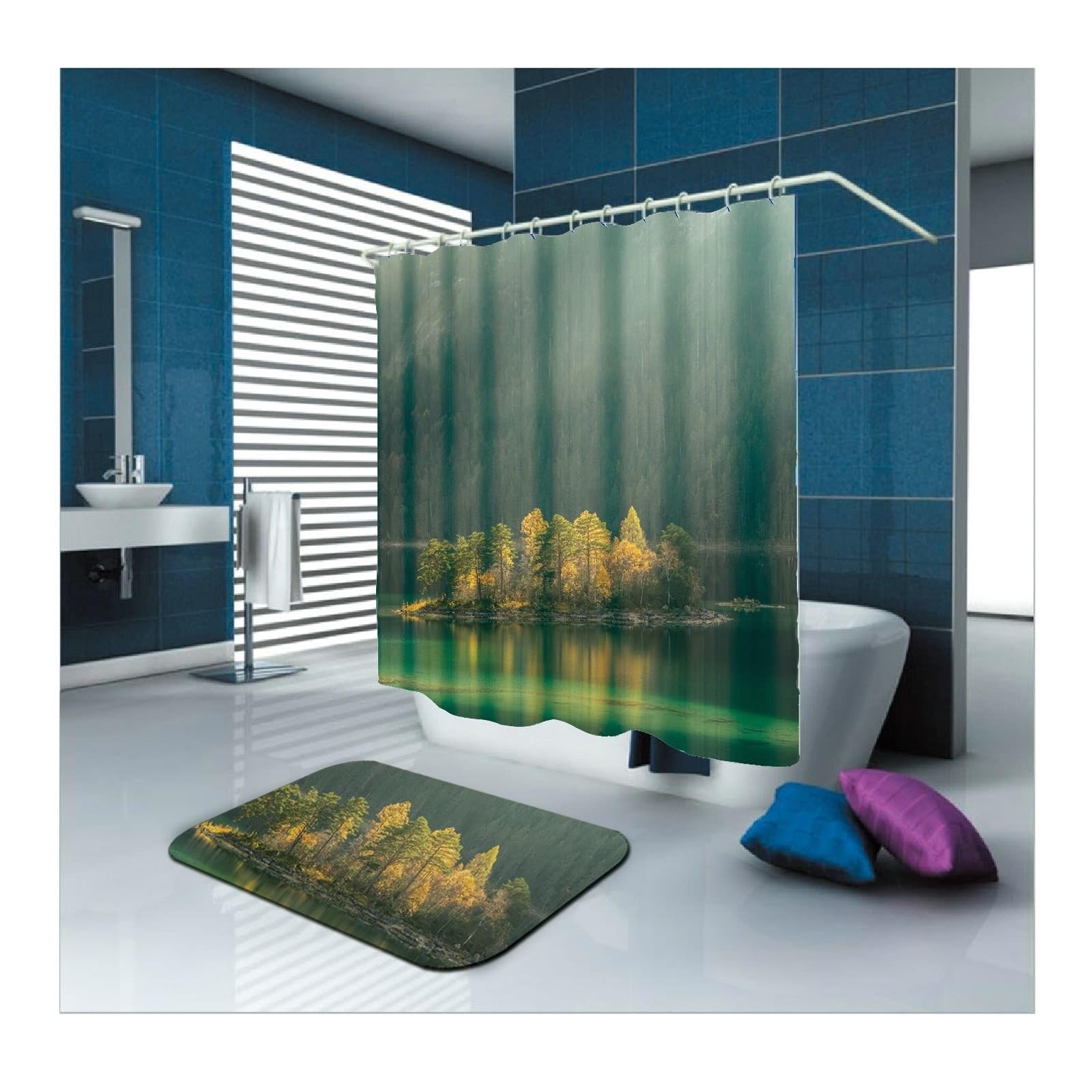 Cortina de ducha textil, 150 x 200 cm, verde, diseño de árbol, cortinas de baño, poliéster, lavable, tela textil, cortina de baño, 1,5 x 2 m de largo (ancho x alto), incluye anillas para