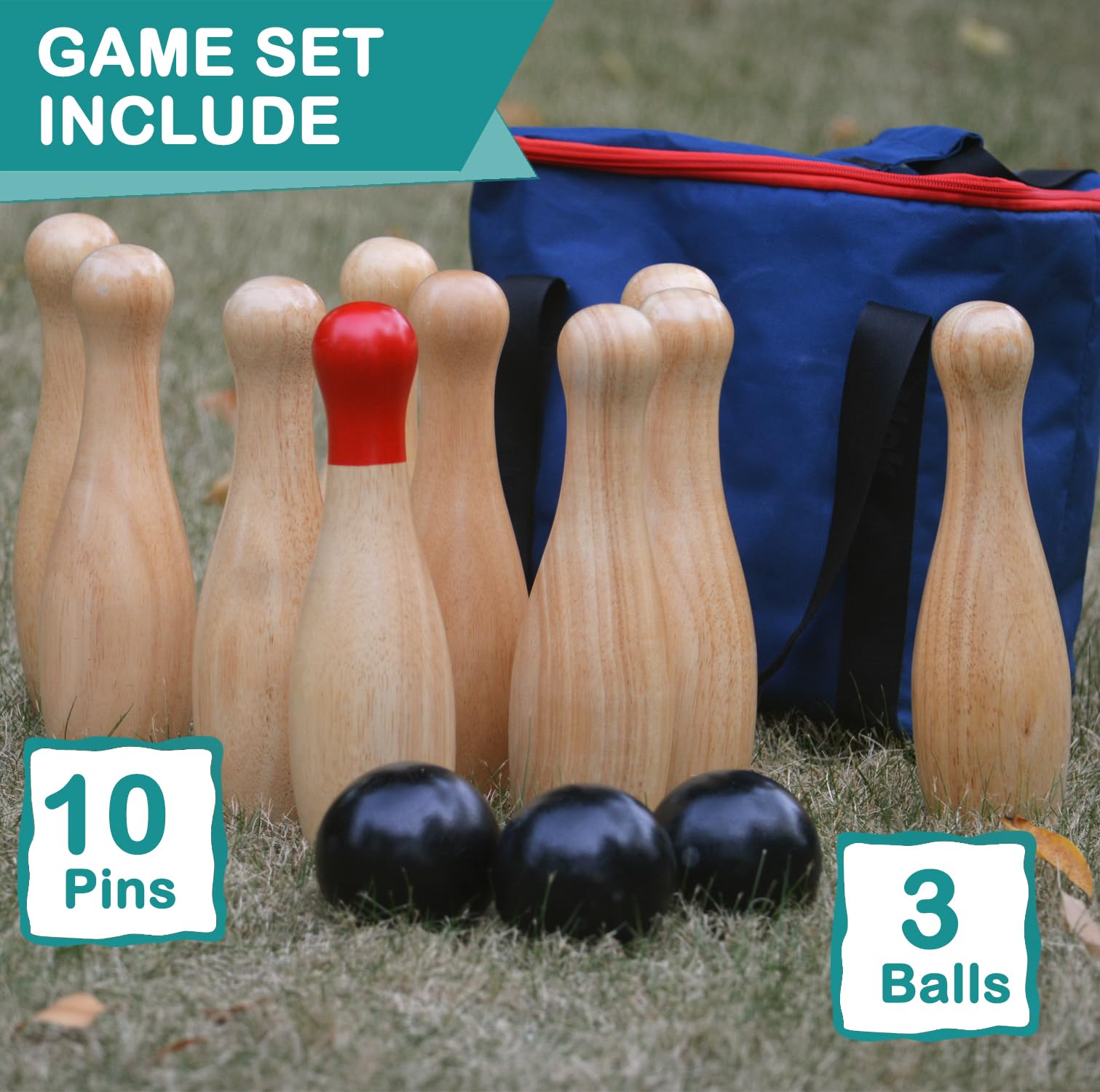 Gioco da bowling in legno, bottiglie da lancio all'aperto, gioco da prato per la famiglia, set da gioco con borsa per il trasporto (H 26 cm, 10 perni+3 palline)