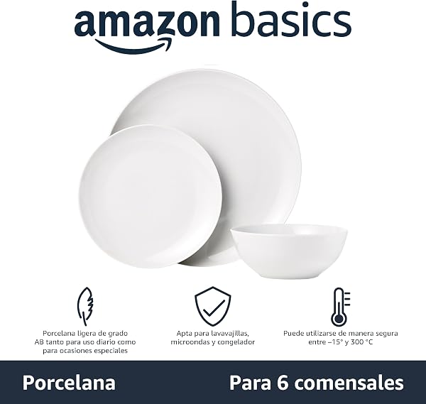 Amazon Basics Vajilla, 6 servicios, Paquete de 18, Porcelana blanca lisa - 2