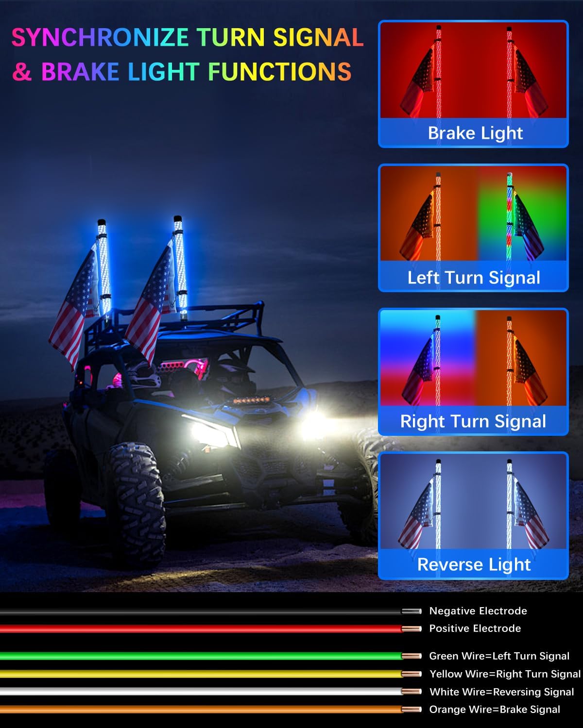 Tavaray 2PCS 2FT Fat Whip Lights – Spiral RGB Chasing Lighted Antenna Whips with Flag, Whip Lights for Side by Side UTV ATV RZR Can-Am X3, with App/Remote Control, Turn Signal & Rocker Switch