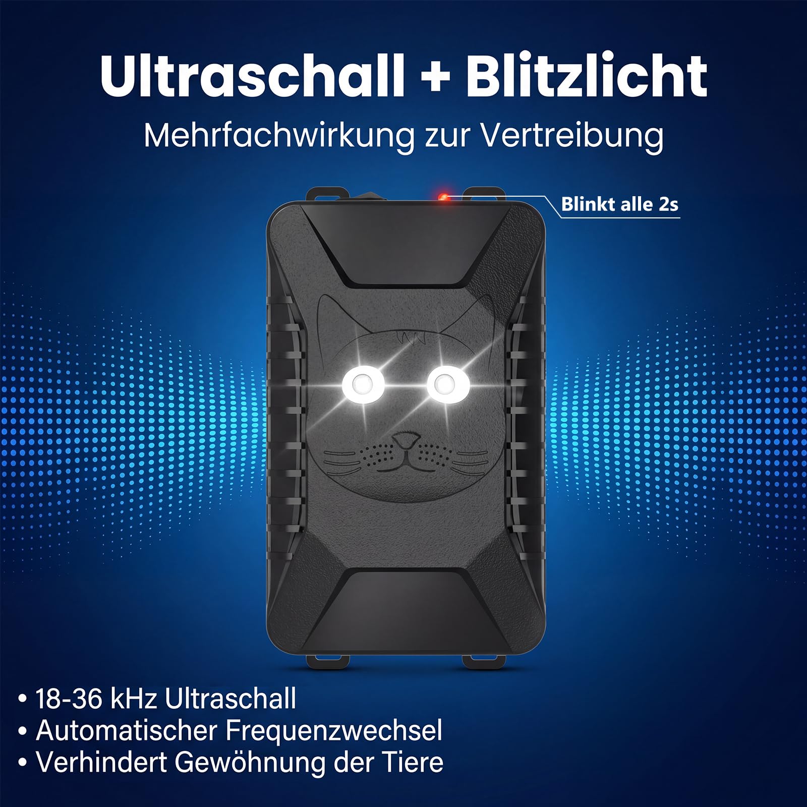 ADOGO Ultraschall Marderabwehr Batteriebetrieben, Marderabwehr Dachboden mit Blitzlicht & Sensor, IP66 Mäuseabwehr Ultraschall Testsieger, Marderschreck Garten für Haus,Garage,Dachboden