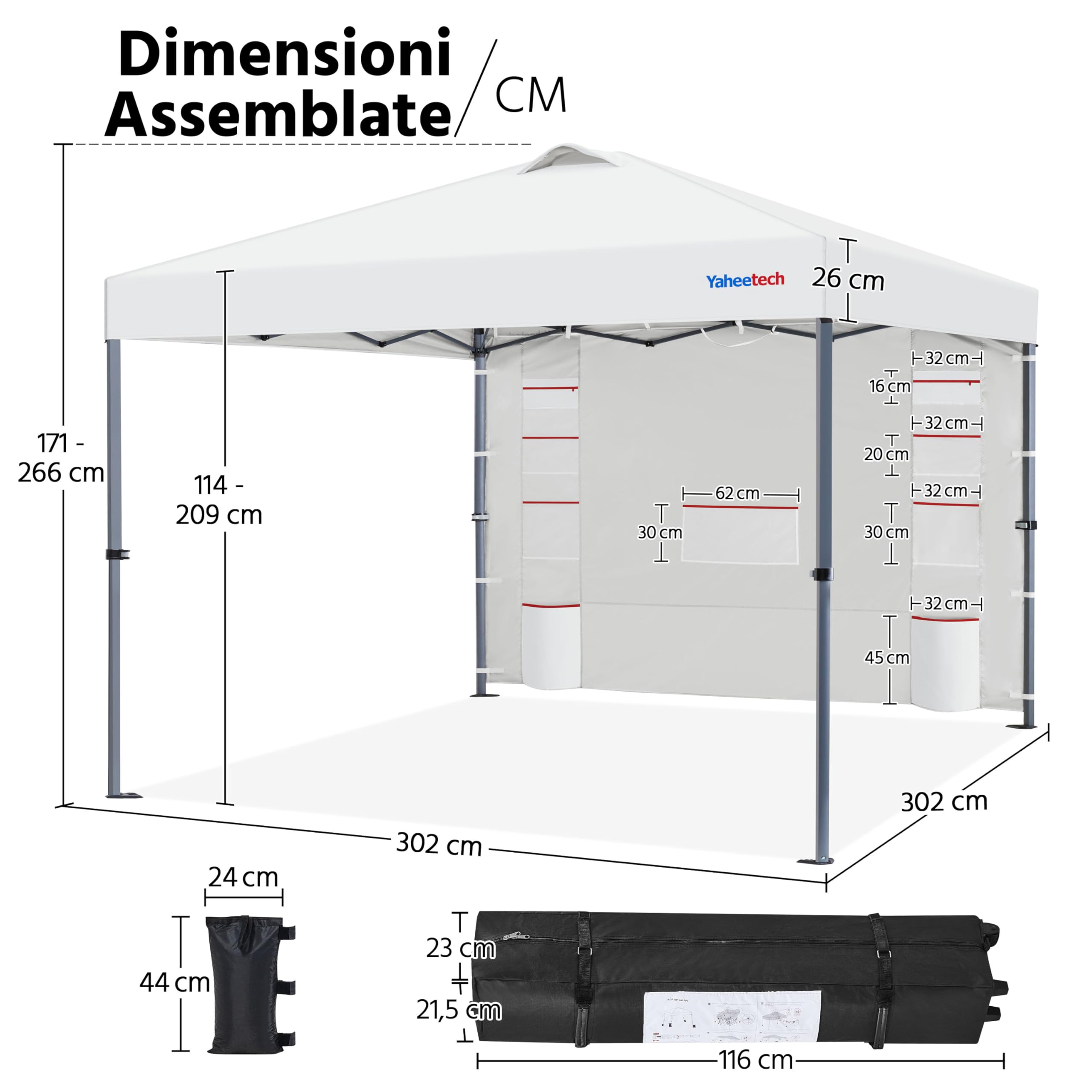 Yaheetech Gazebo da giardino a Una Spinta con 1 Parete Laterale Stabile 9 Tasche Portaoggetti Tenda Esterno Pop up Altezza Regolabile Impermeabile per Festa Eventi